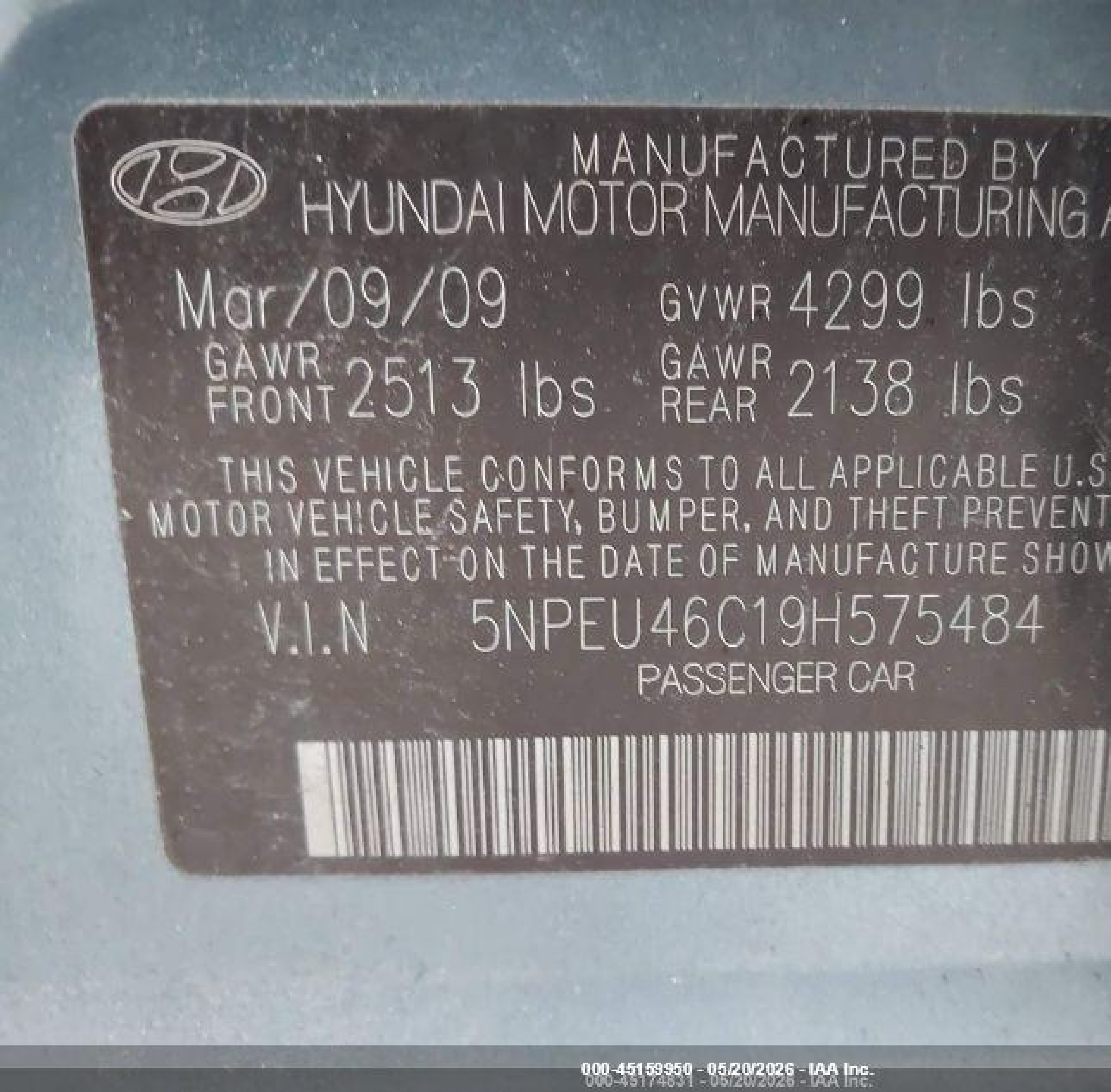 2009 Hyundai Sonata Limited Light Blue vin: 5NPEU46C19H575484