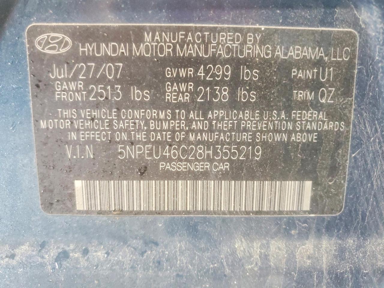2008 Hyundai Sonata Se Blue vin: 5NPEU46C28H355219