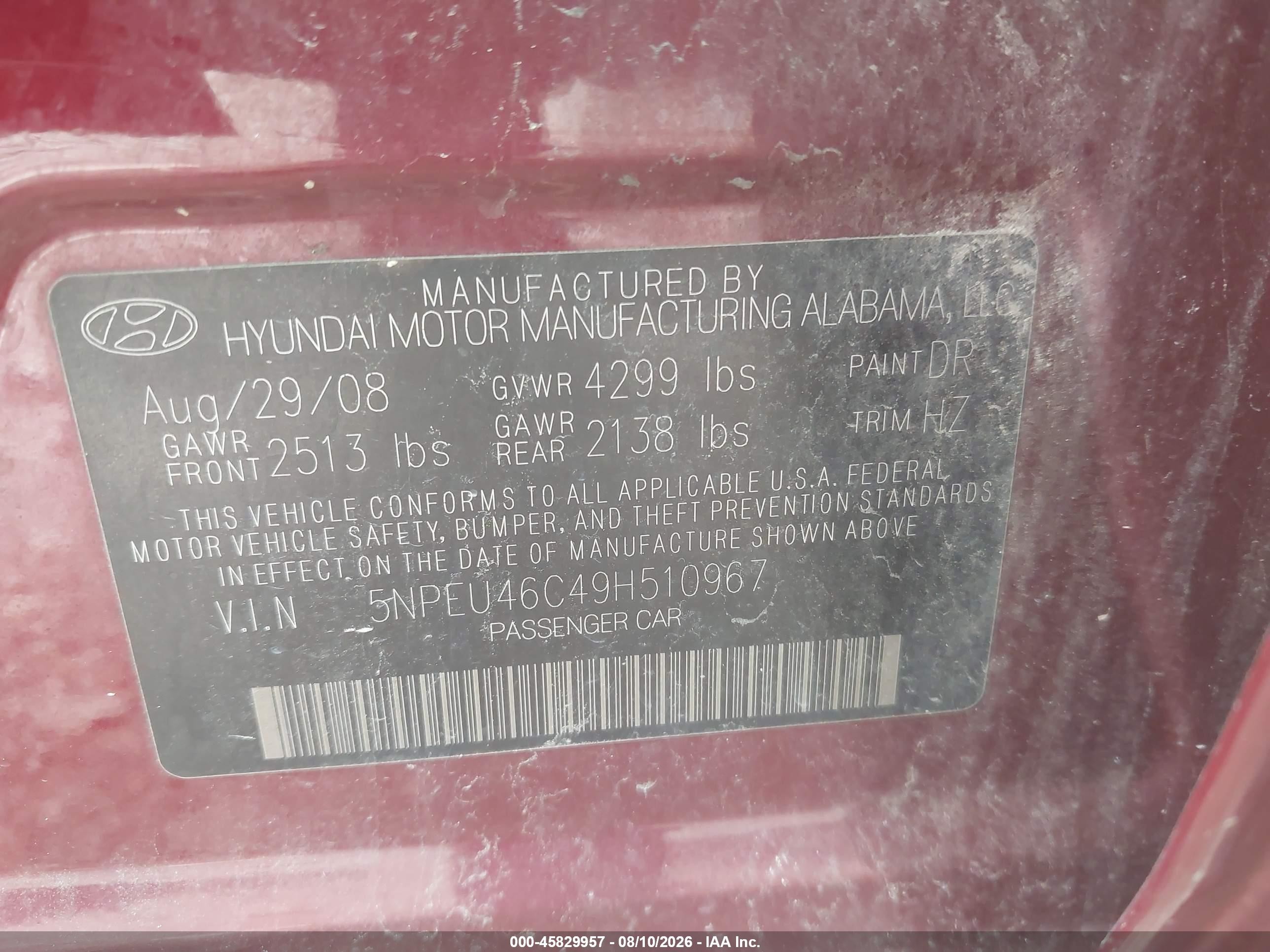 2009 Hyundai Sonata Se Красный vin: 5NPEU46C49H510967