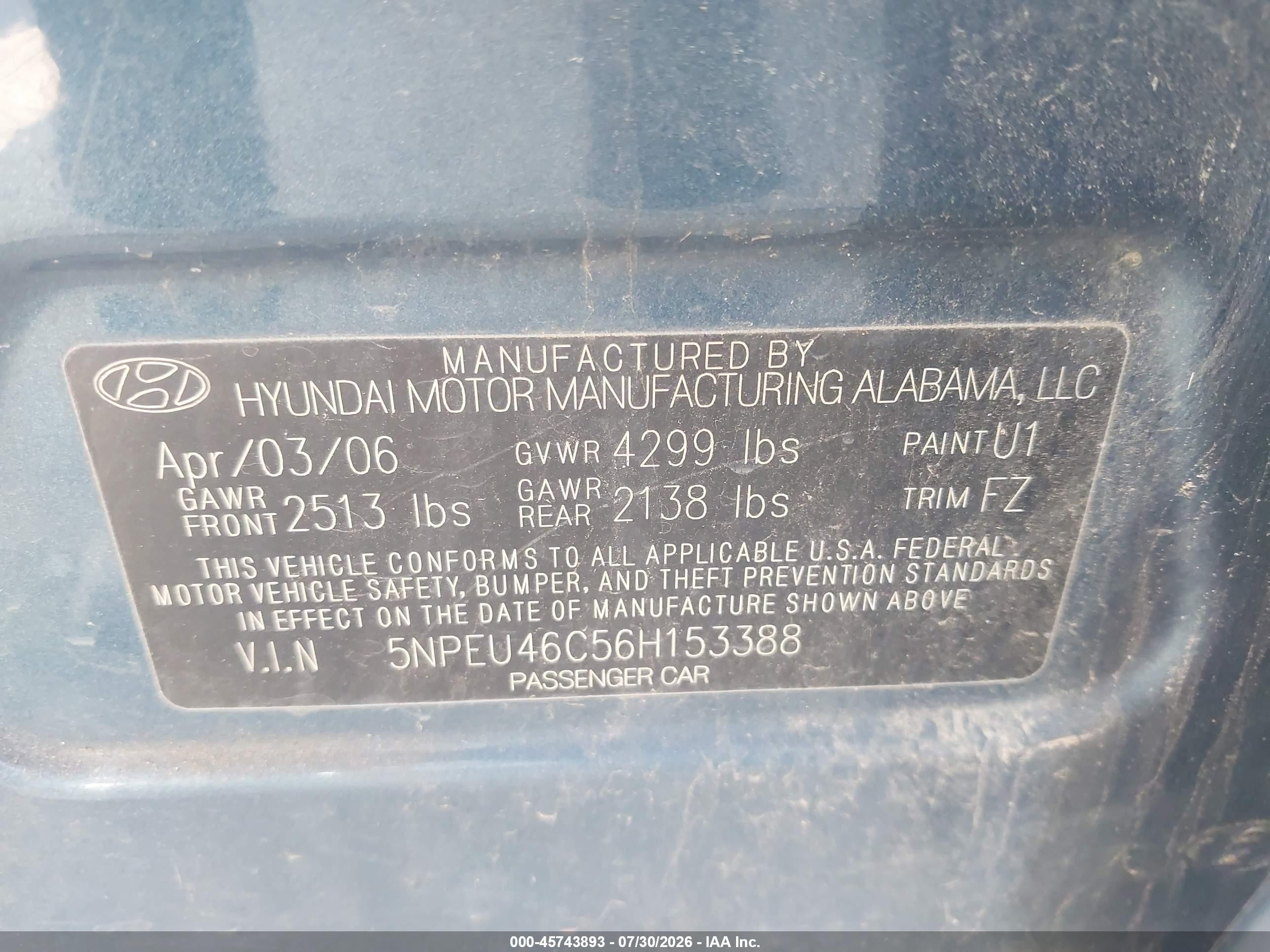 2006 Hyundai Sonata Gls Blue vin: 5NPEU46C56H153388