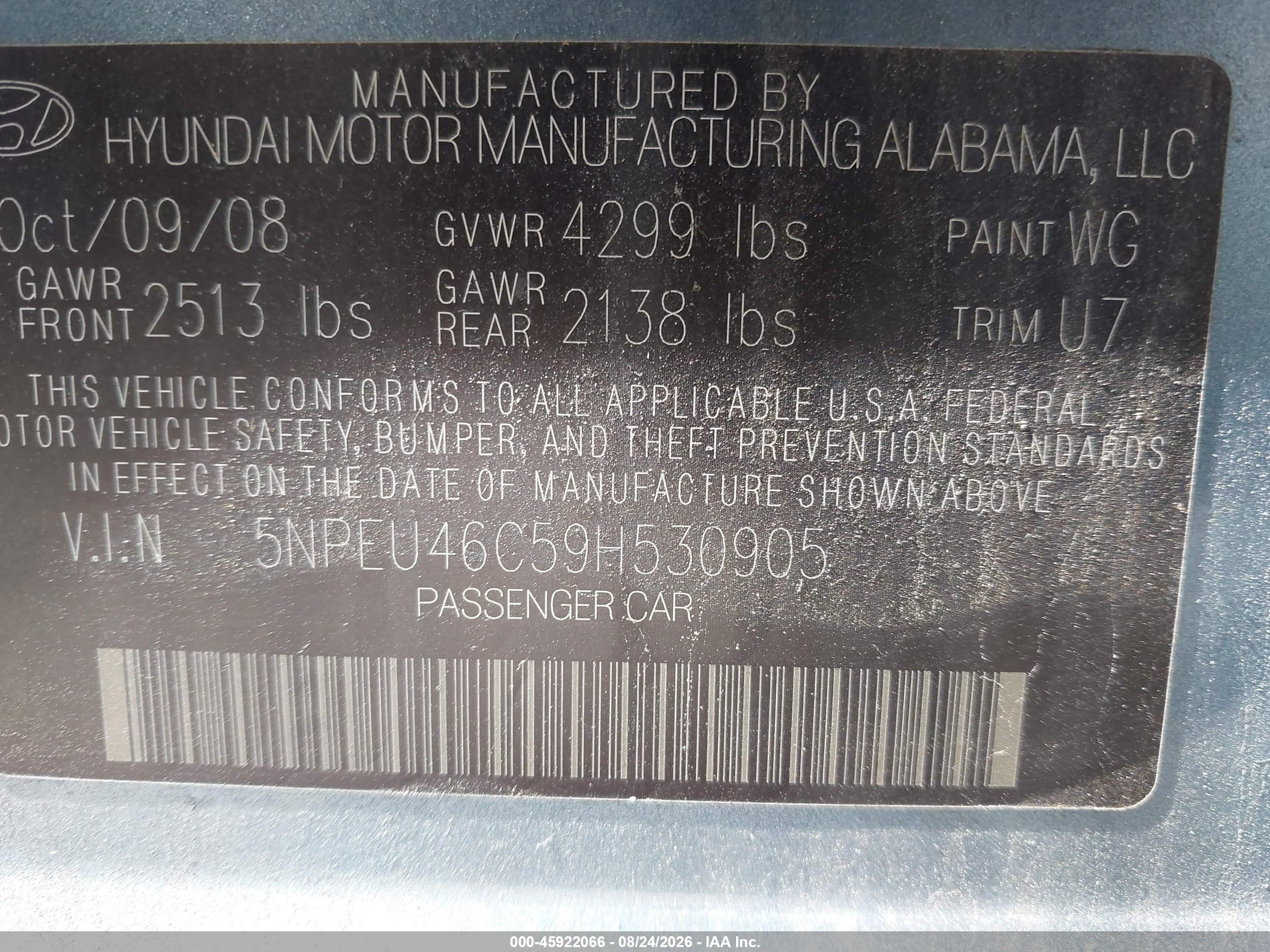 2009 Hyundai Sonata Limited Light Blue vin: 5NPEU46C59H530905