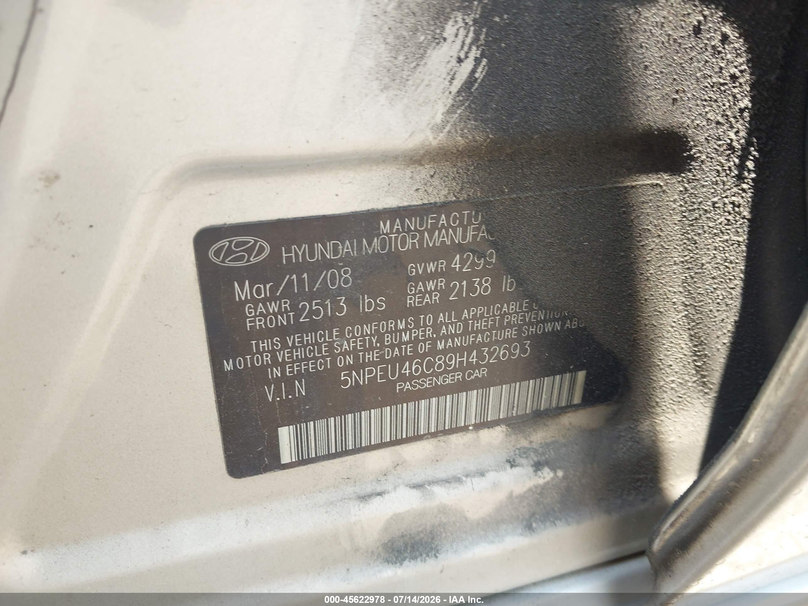 2009 Hyundai Sonata Limited Gold vin: 5NPEU46C89H432693