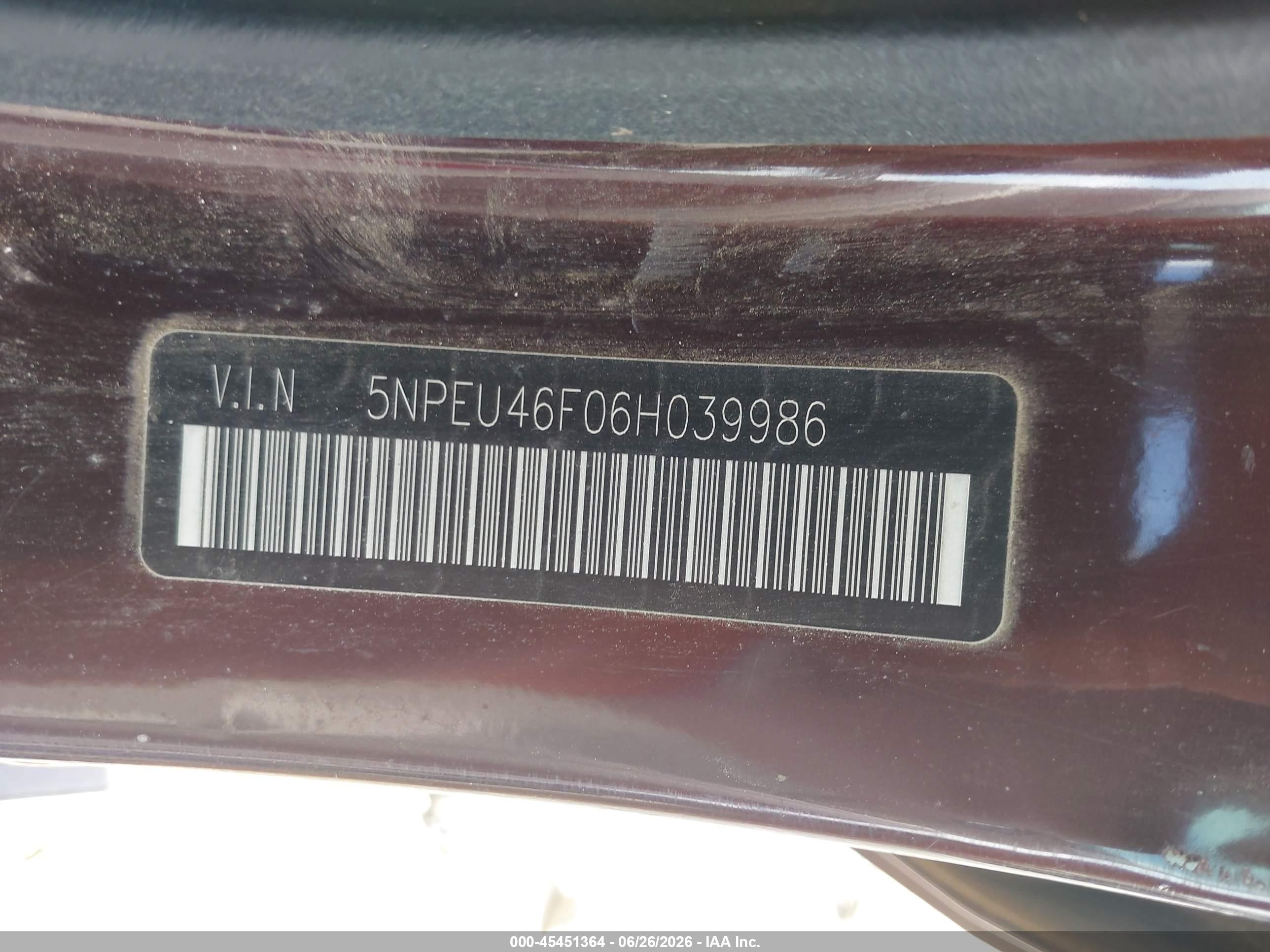 2006 Hyundai Sonata Gls V6/lx V6 Burgundy vin: 5NPEU46F06H039986