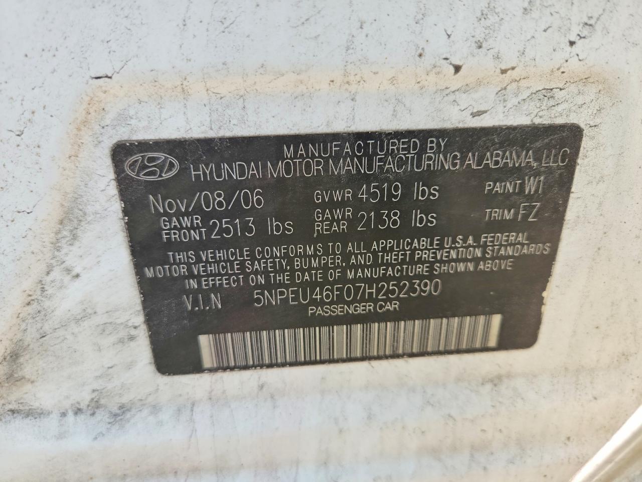 2007 Hyundai Sonata Se White vin: 5NPEU46F07H252390