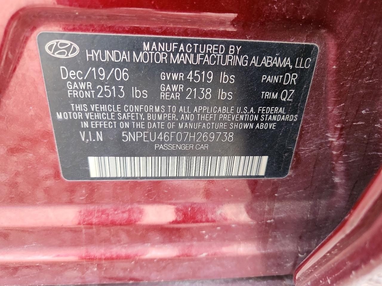 2007 Hyundai Sonata Se Red vin: 5NPEU46F07H269738