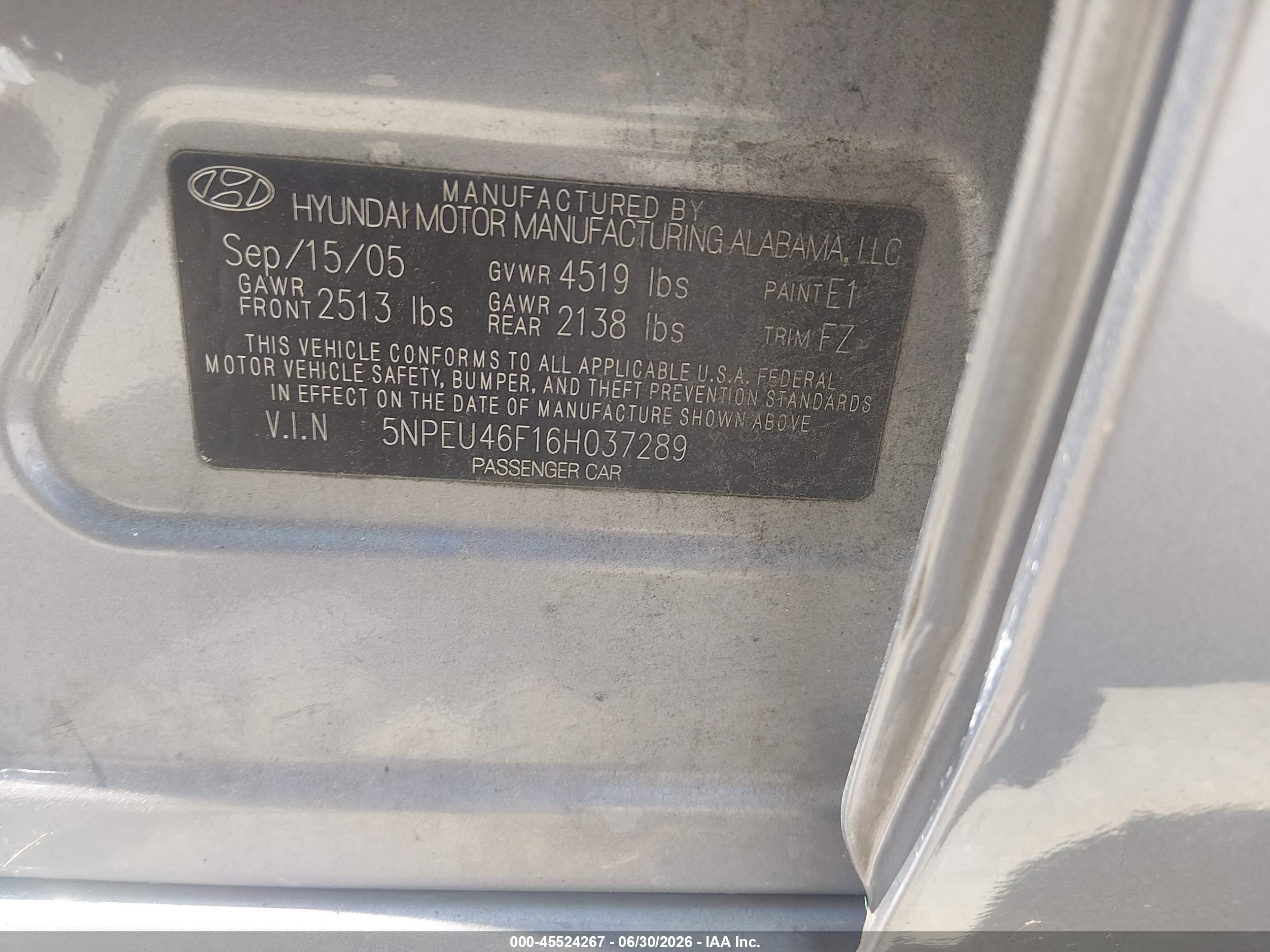 2006 Hyundai Sonata Gls V6/lx V6 Silver vin: 5NPEU46F16H037289