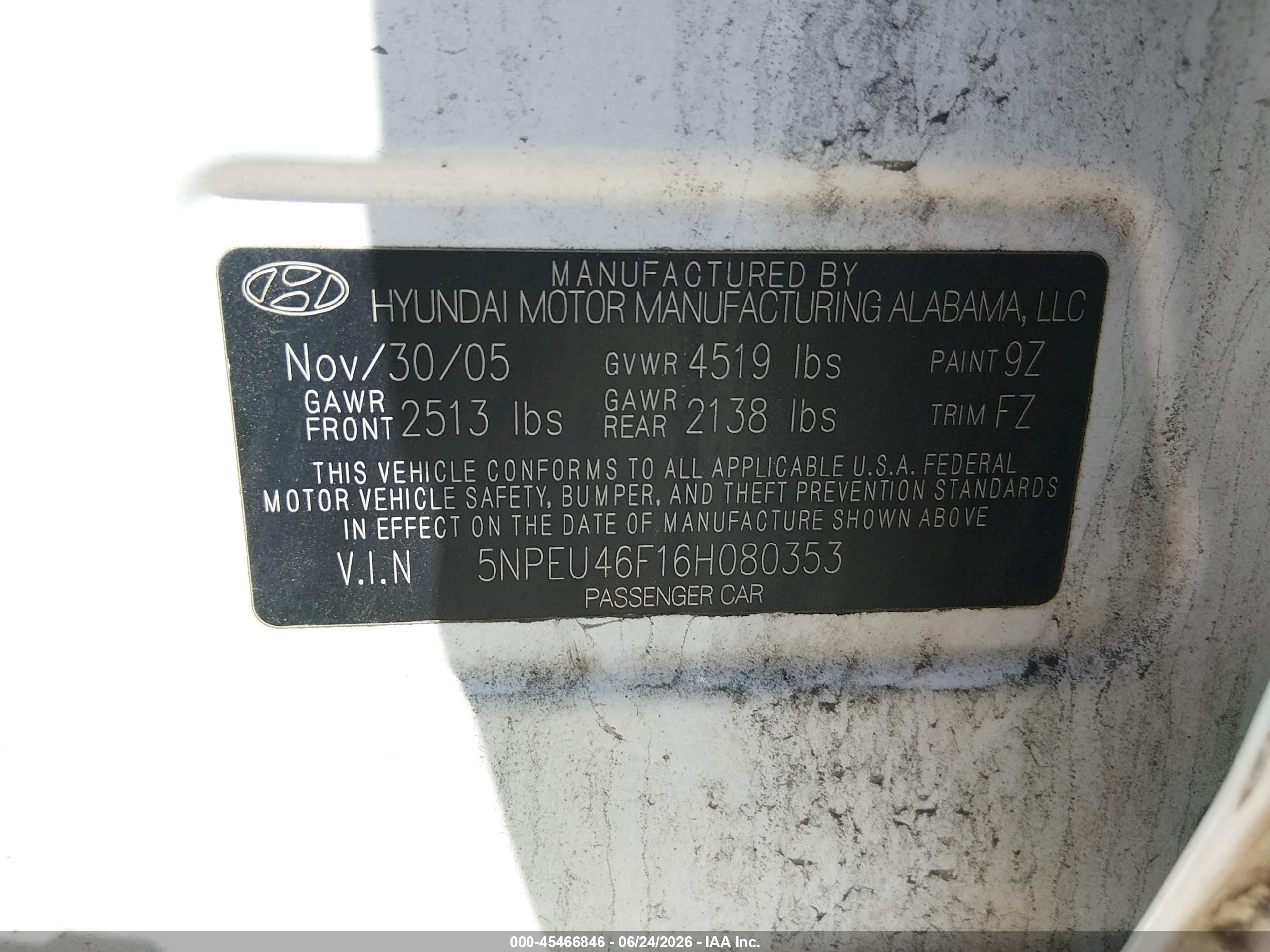 2006 Hyundai Sonata Gls V6/lx V6 White vin: 5NPEU46F16H080353