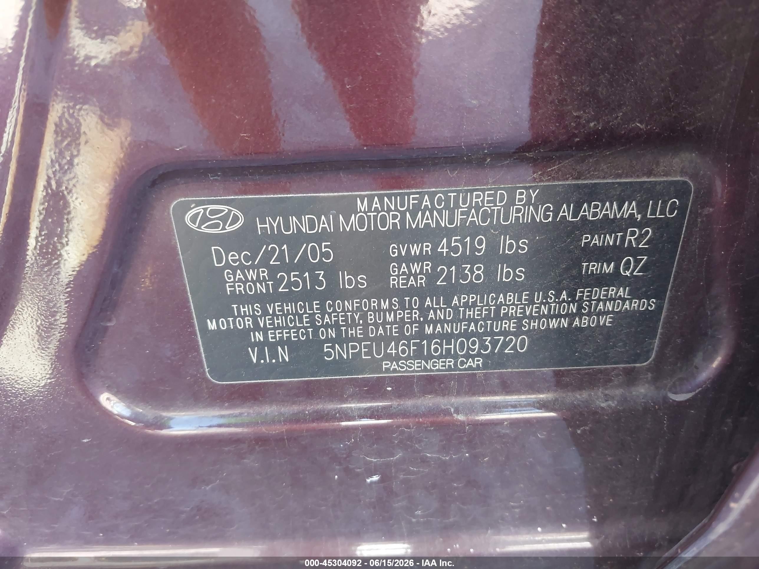 2006 Hyundai Sonata Gls V6/lx V6 Burgundy vin: 5NPEU46F16H093720