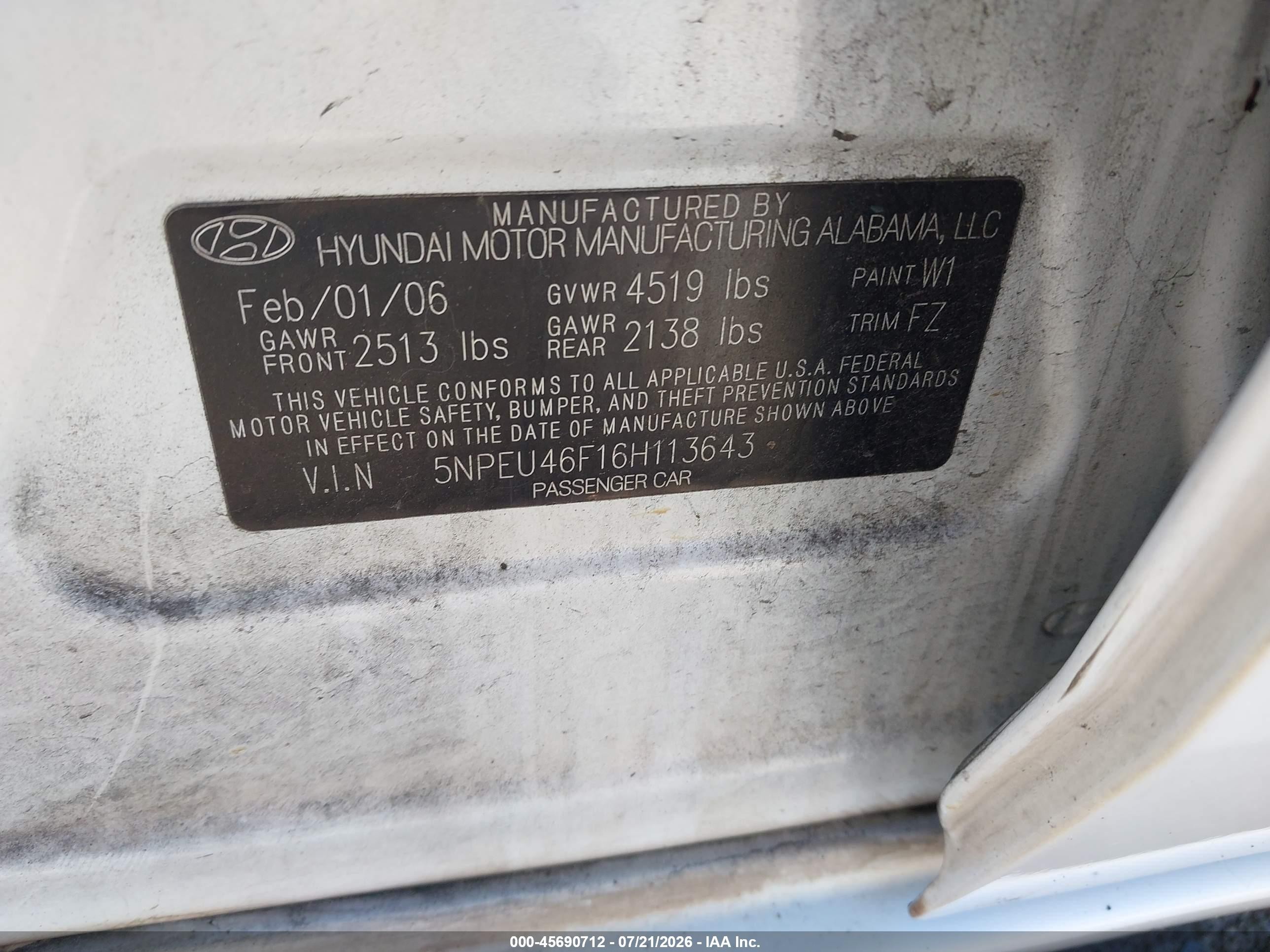 2006 Hyundai Sonata Gls V6/lx V6 White vin: 5NPEU46F16H113643