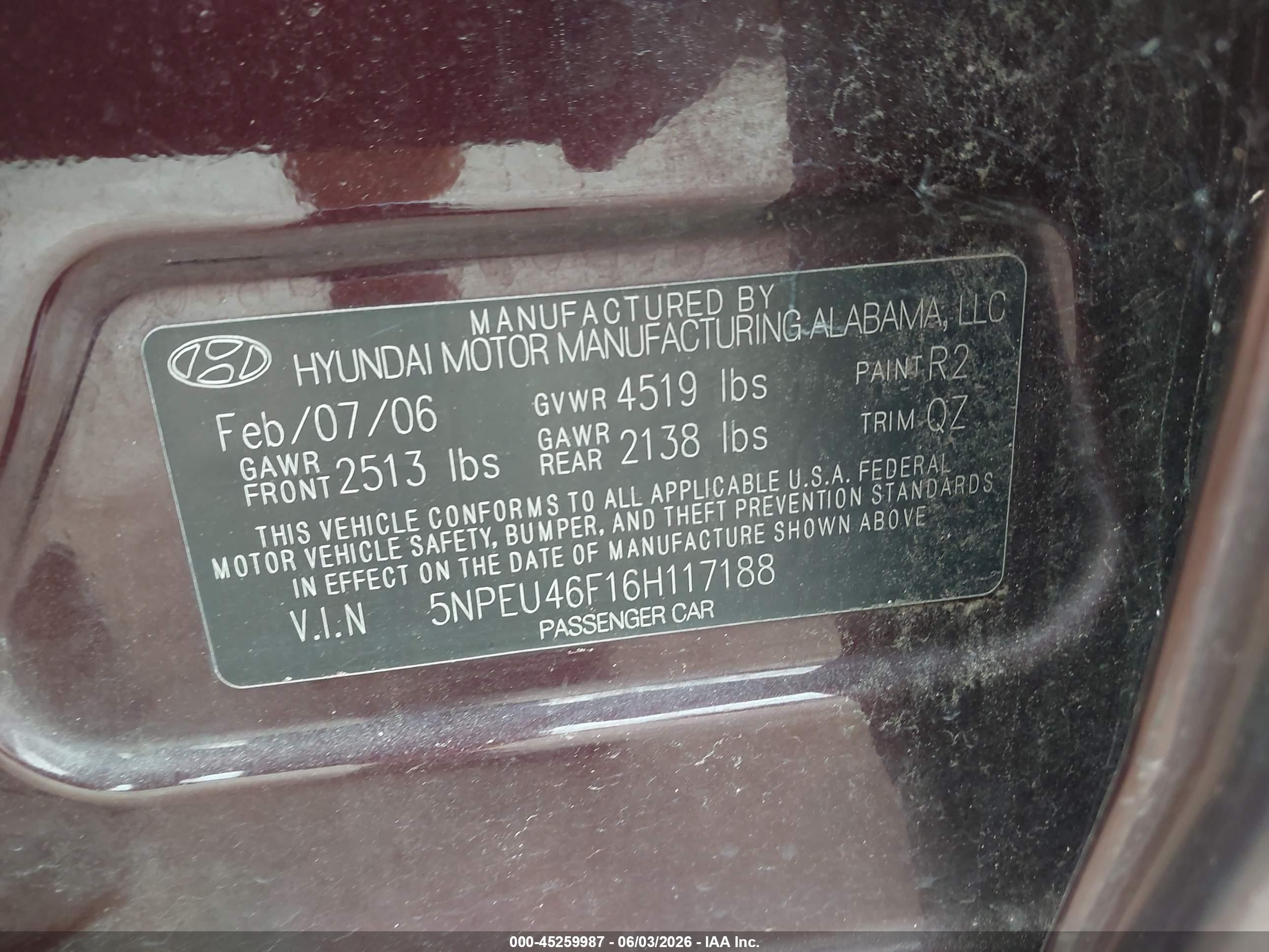 2006 Hyundai Sonata Gls V6/lx V6 Purple vin: 5NPEU46F16H117188