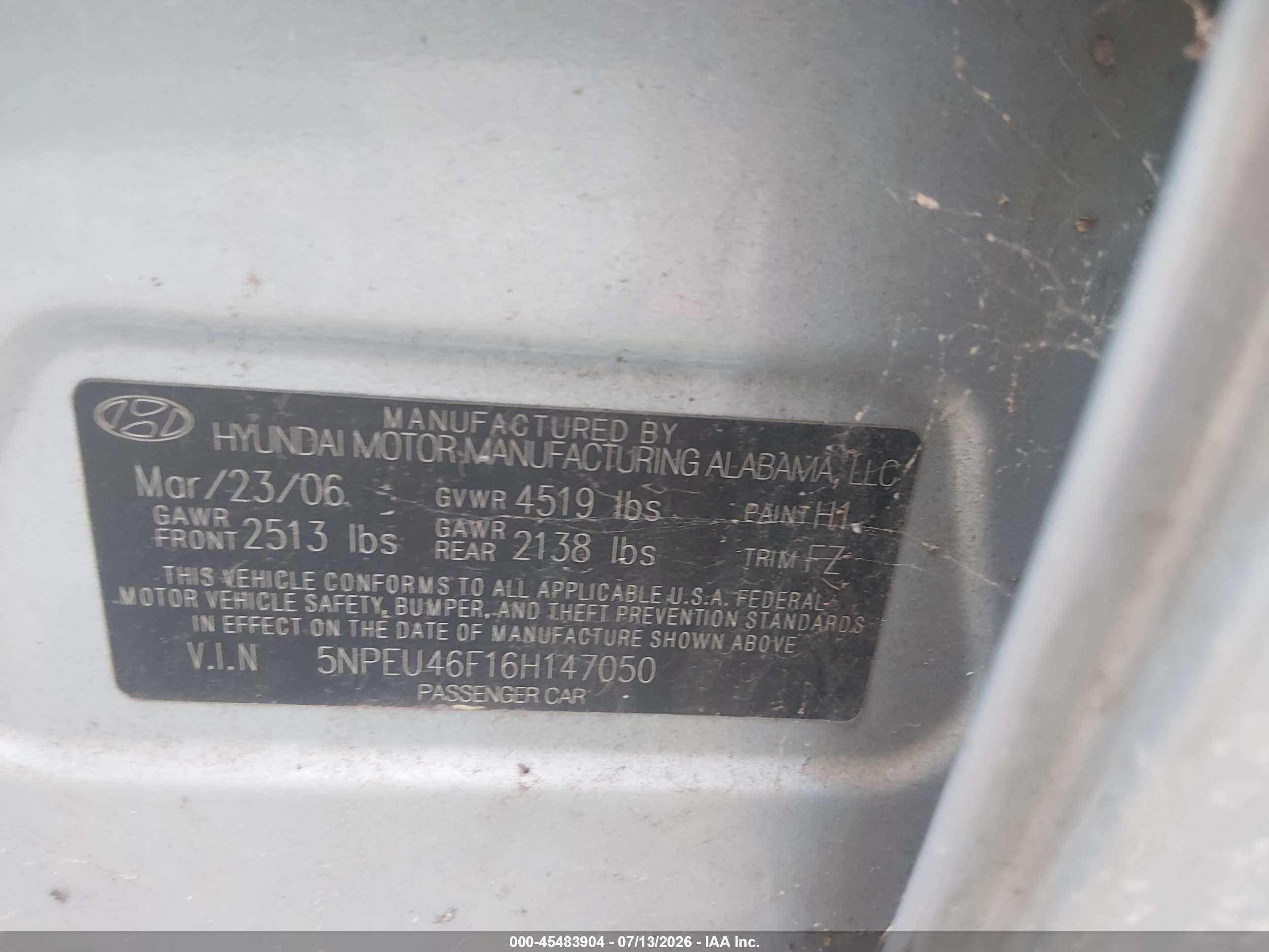 2006 Hyundai Sonata   Blue vin: 5NPEU46F16H147050