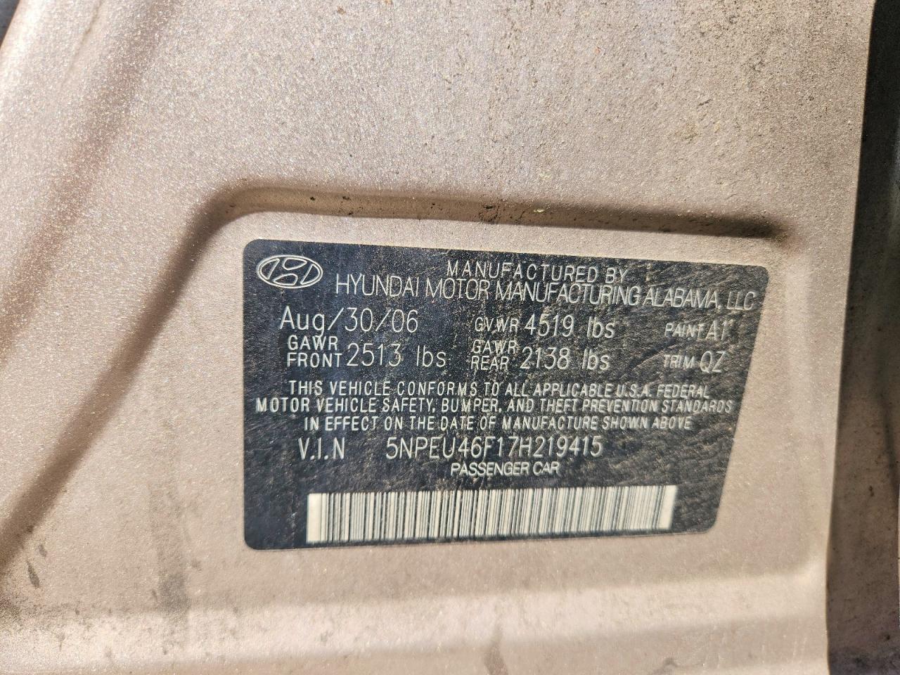 2007 Hyundai Sonata Se Tan vin: 5NPEU46F17H219415