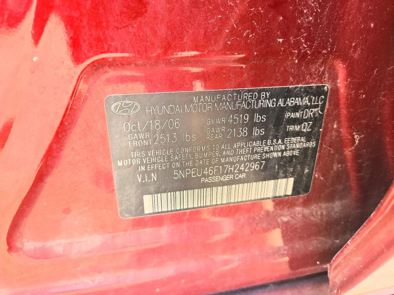 2007 Hyundai Sonata Se/limited Burgundy vin: 5NPEU46F17H242967
