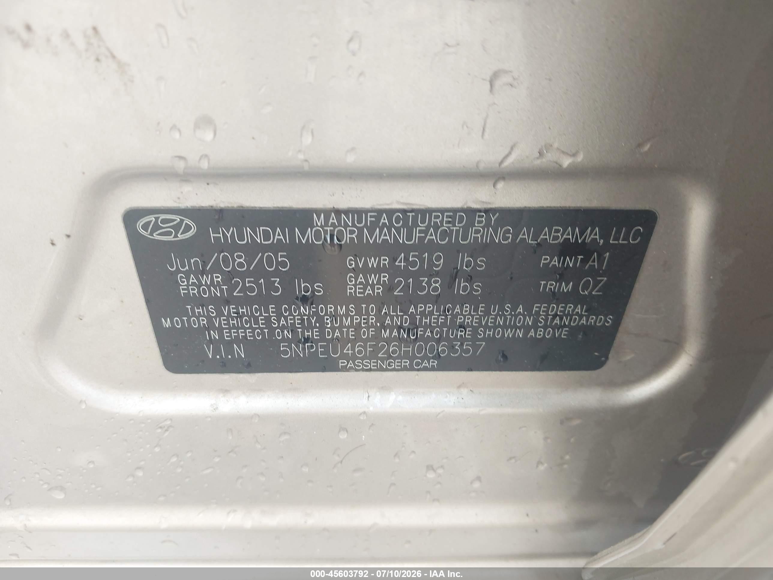 2006 Hyundai Sonata Gls V6/lx V6 Silver vin: 5NPEU46F26H006357