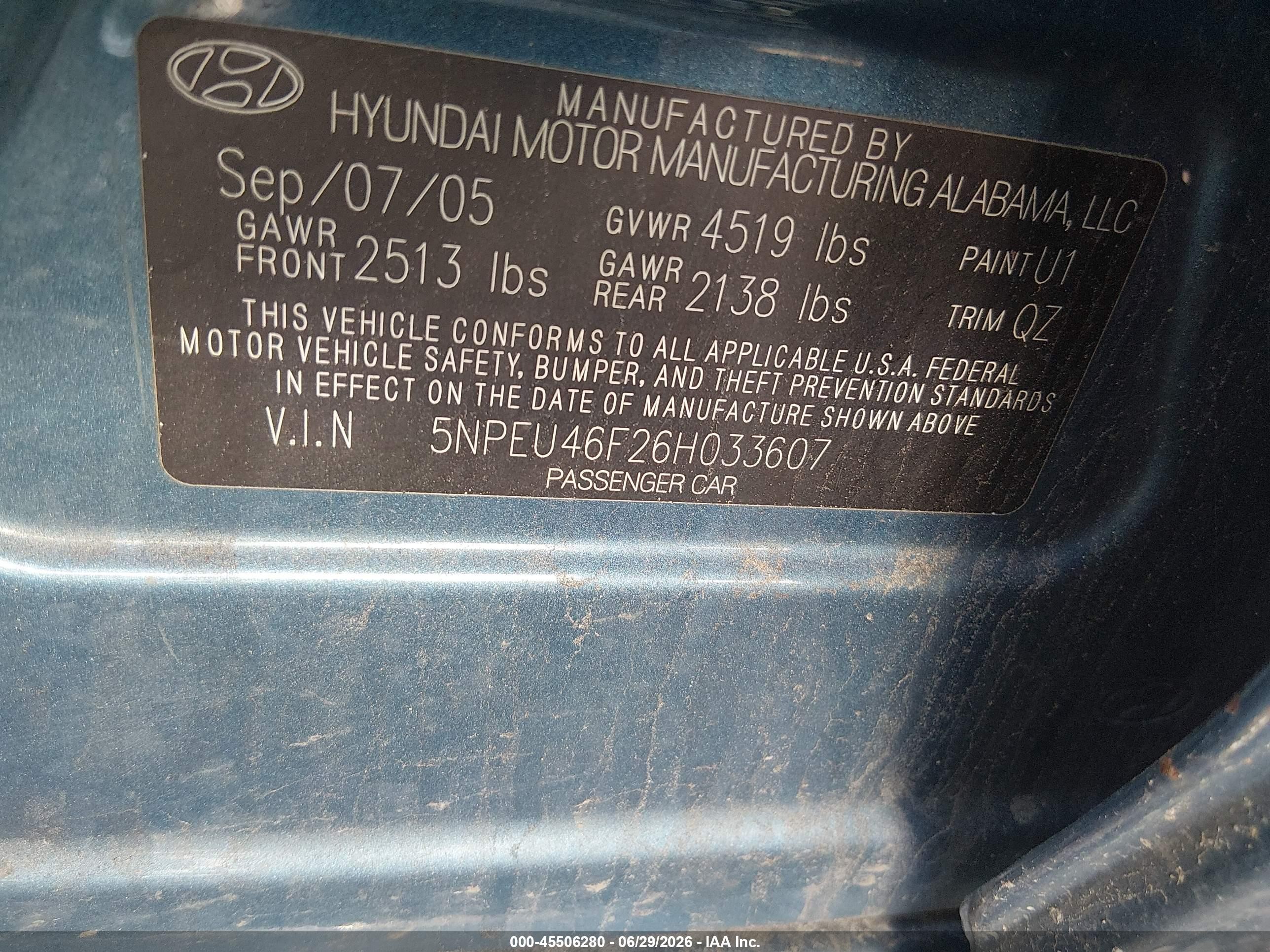 2006 Hyundai Sonata Gls V6/lx V6 Blue vin: 5NPEU46F26H033607