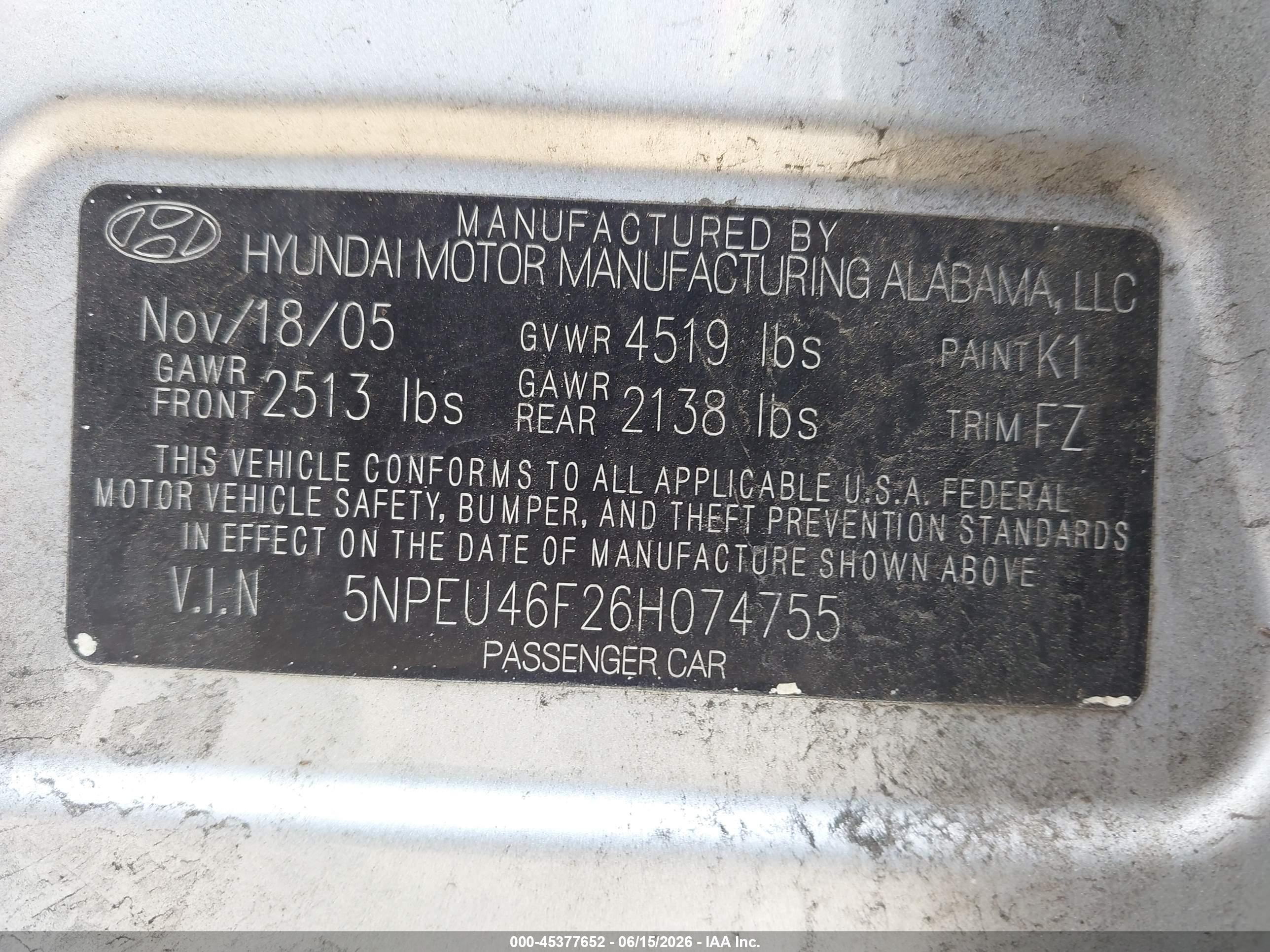 2006 Hyundai Sonata Gls V6/lx V6 Silver vin: 5NPEU46F26H074755