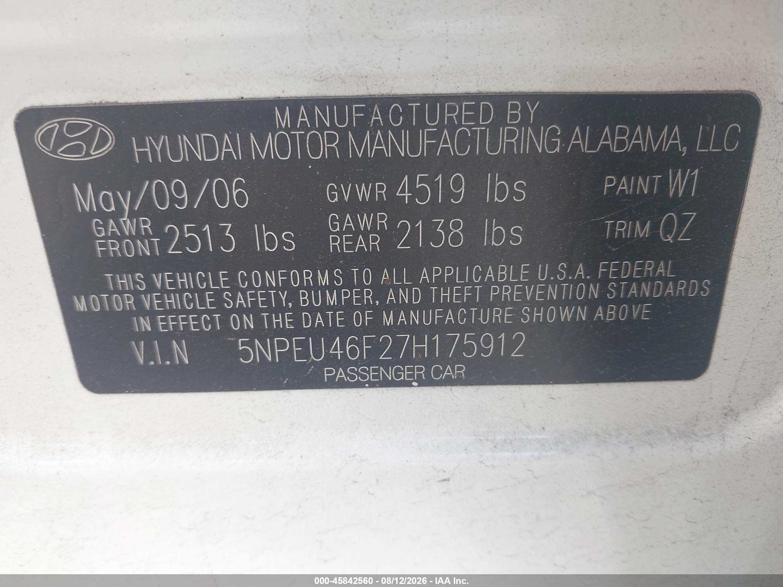 2007 Hyundai Sonata Limited/limited W/xm/se/se W/xm White vin: 5NPEU46F27H175912