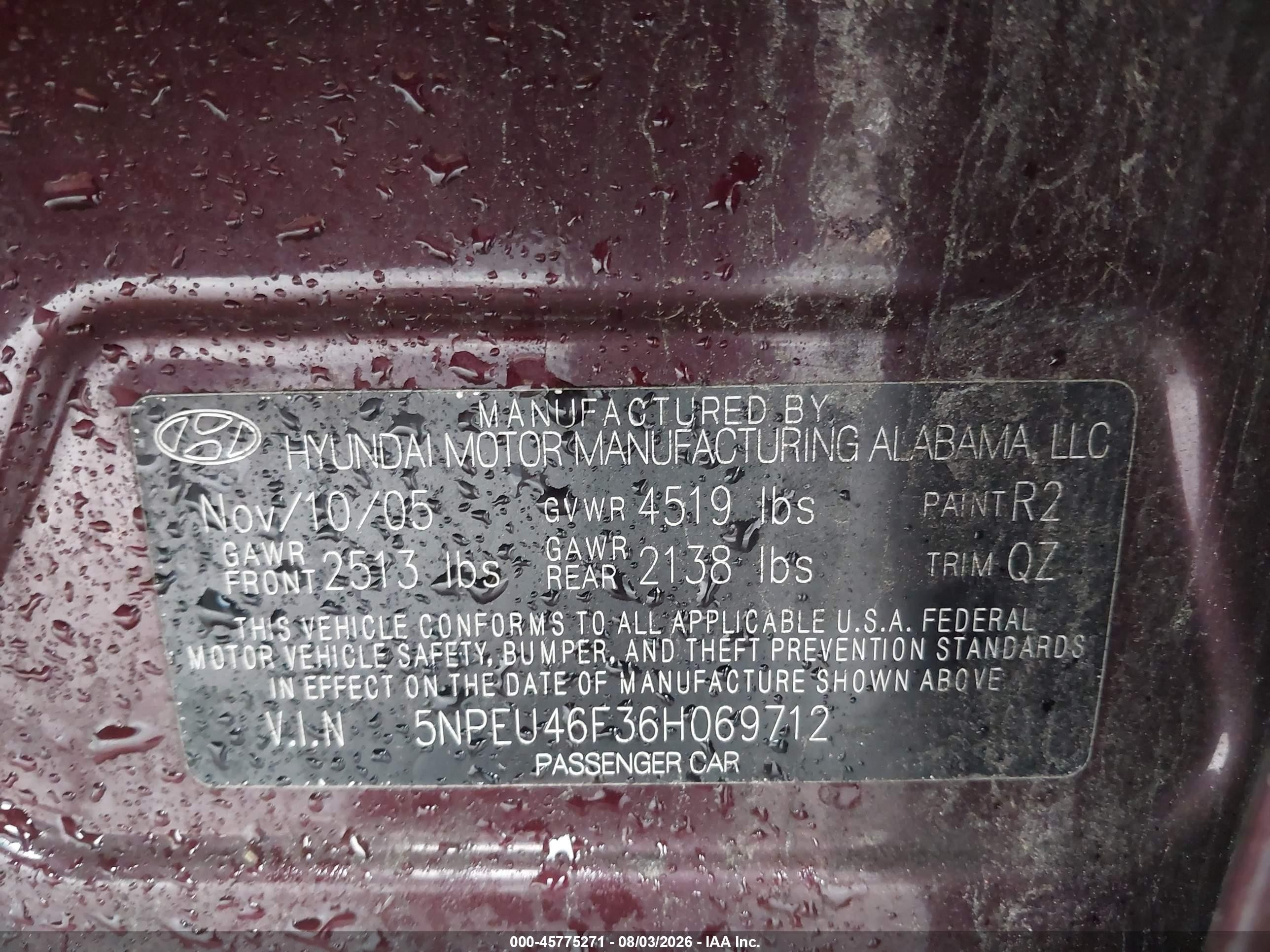 2006 Hyundai Sonata Gls V6/lx V6 Purple vin: 5NPEU46F36H069712