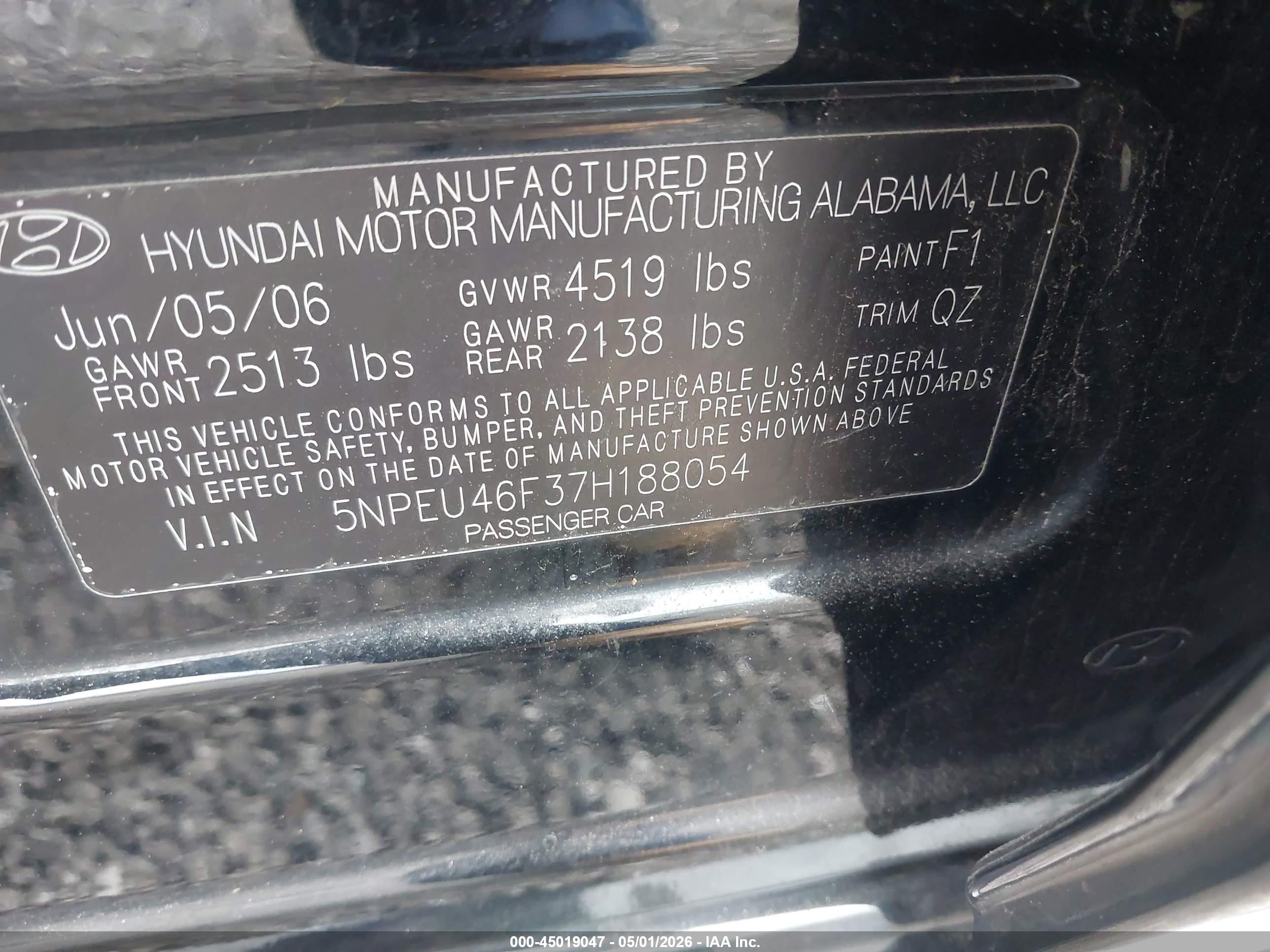 2007 Hyundai Sonata Limited/se V6 Black vin: 5NPEU46F37H188054