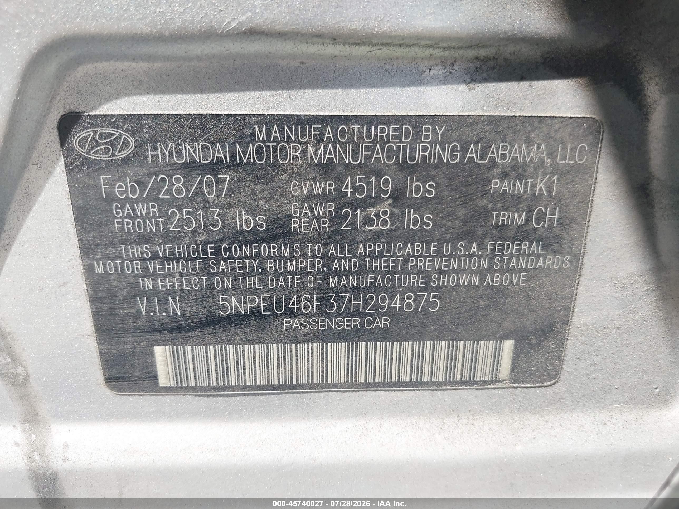 2007 Hyundai Sonata Limited/limited W/xm/se/se W/xm Silver vin: 5NPEU46F37H294875