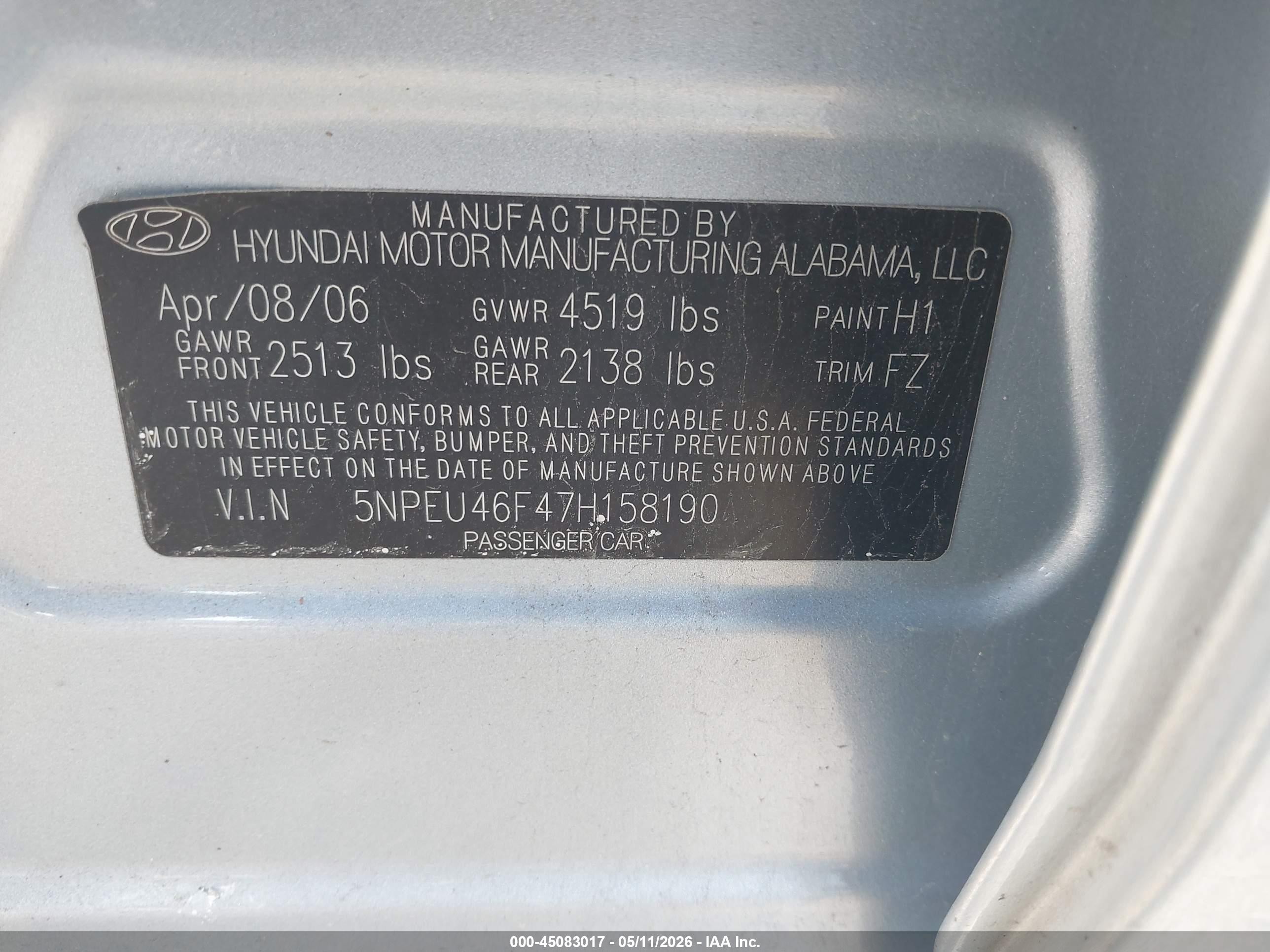 2007 Hyundai Sonata Limited/se V6 Blue vin: 5NPEU46F47H158190