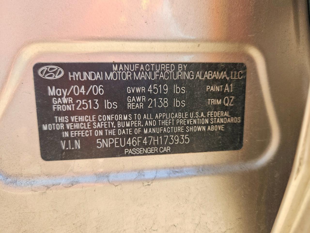 2007 Hyundai Sonata Se Tan vin: 5NPEU46F47H173935