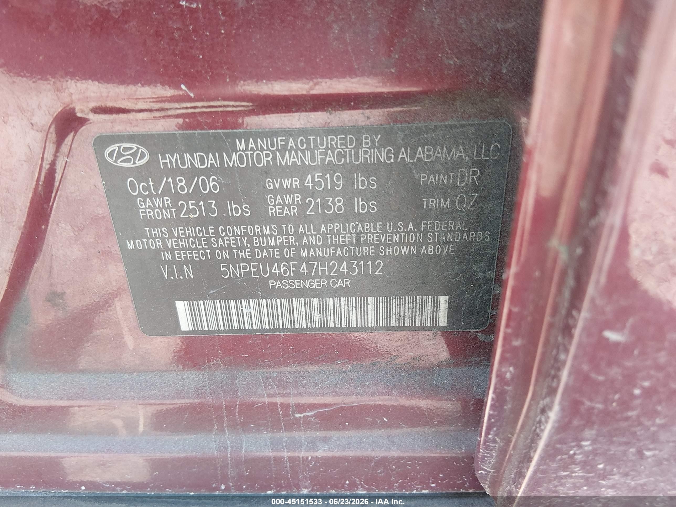 2007 Hyundai Sonata Limited/se V6 Темно-бордовый vin: 5NPEU46F47H243112