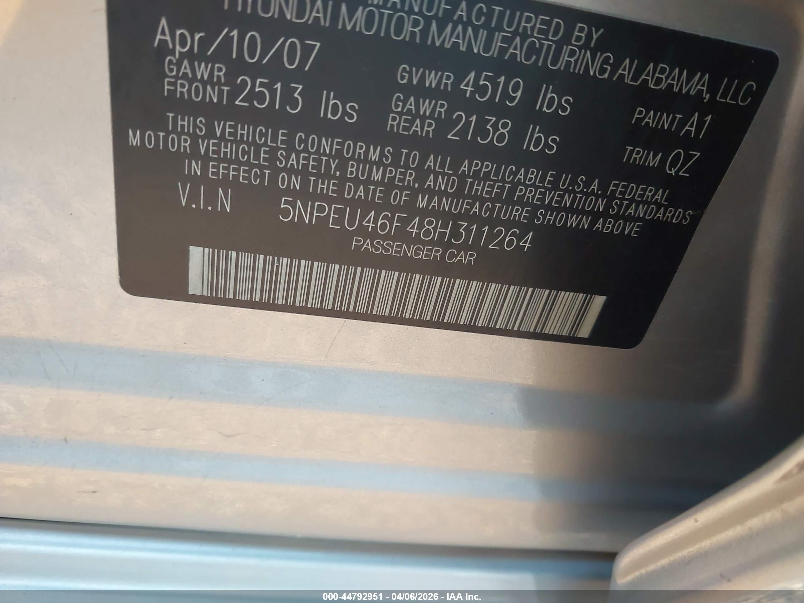 2008 Hyundai Sonata   Champagne vin: 5NPEU46F48H311264