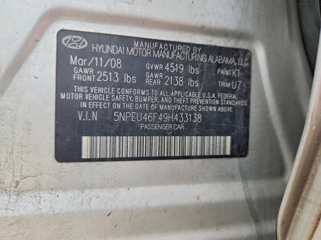 2009 Hyundai Sonata Se V6 Silver vin: 5NPEU46F49H433138