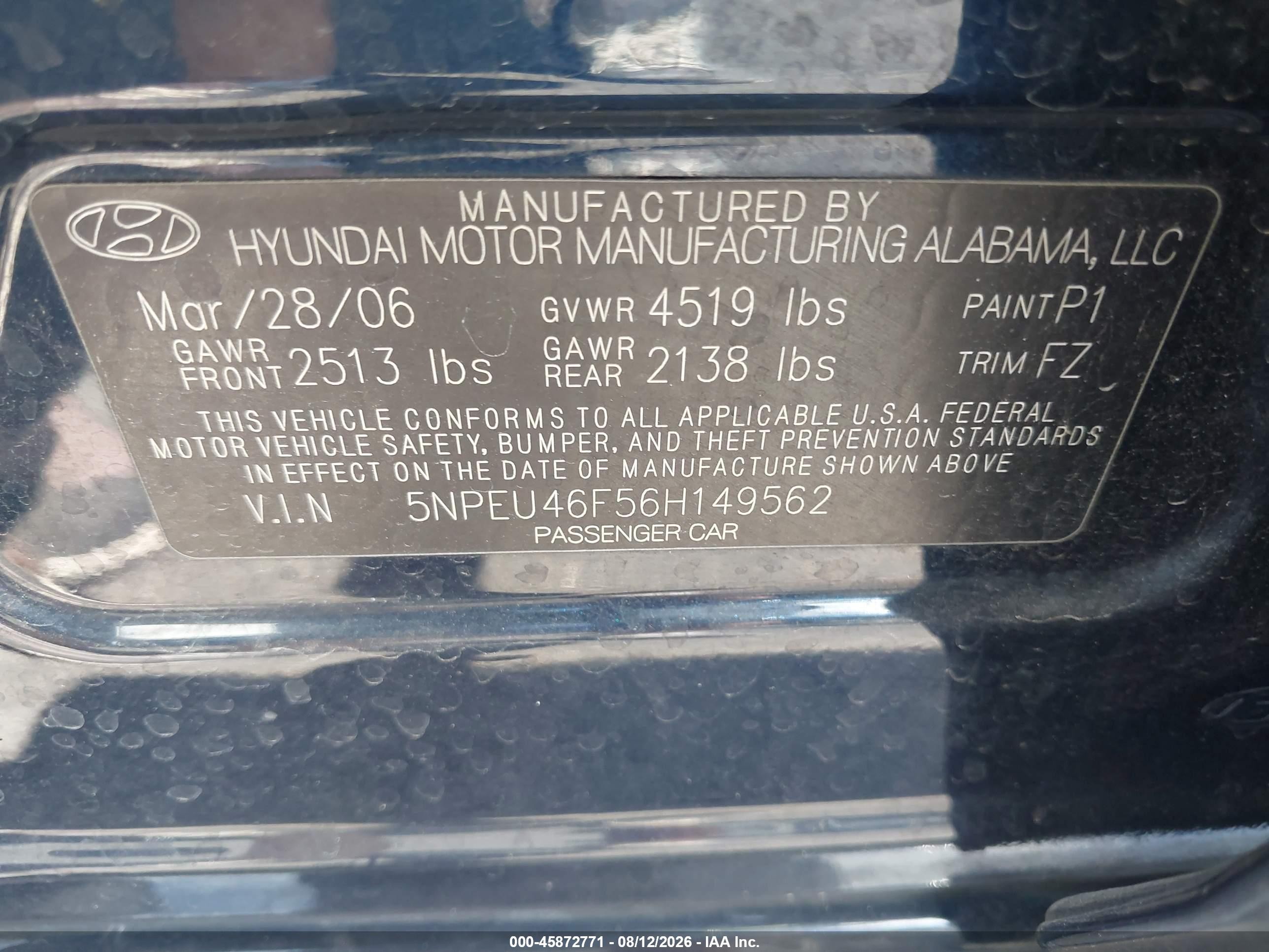 2006 Hyundai Sonata Gls V6/lx V6 Blue vin: 5NPEU46F56H149562