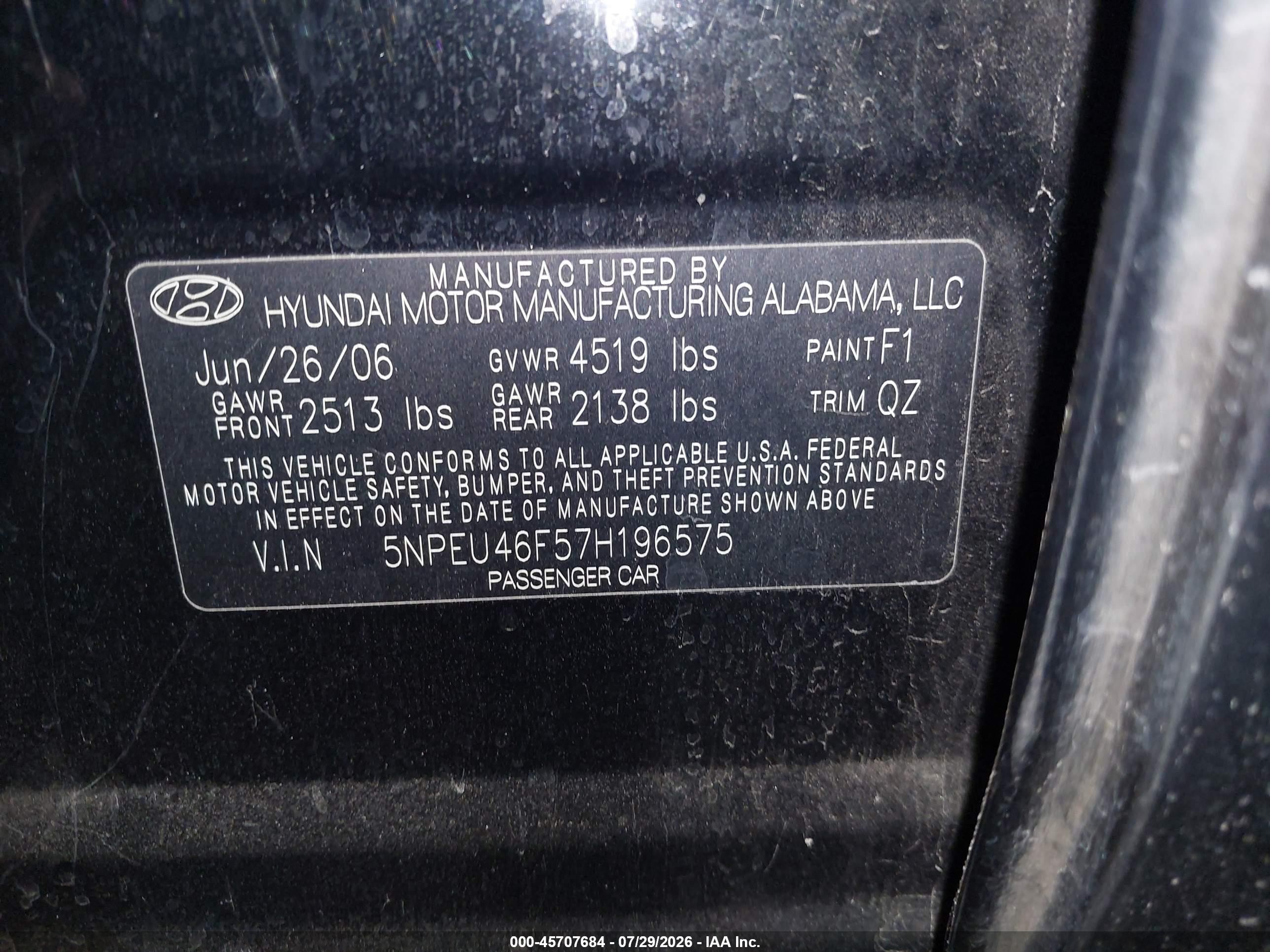2007 Hyundai Sonata Limited/limited W/xm/se/se W/xm Black vin: 5NPEU46F57H196575