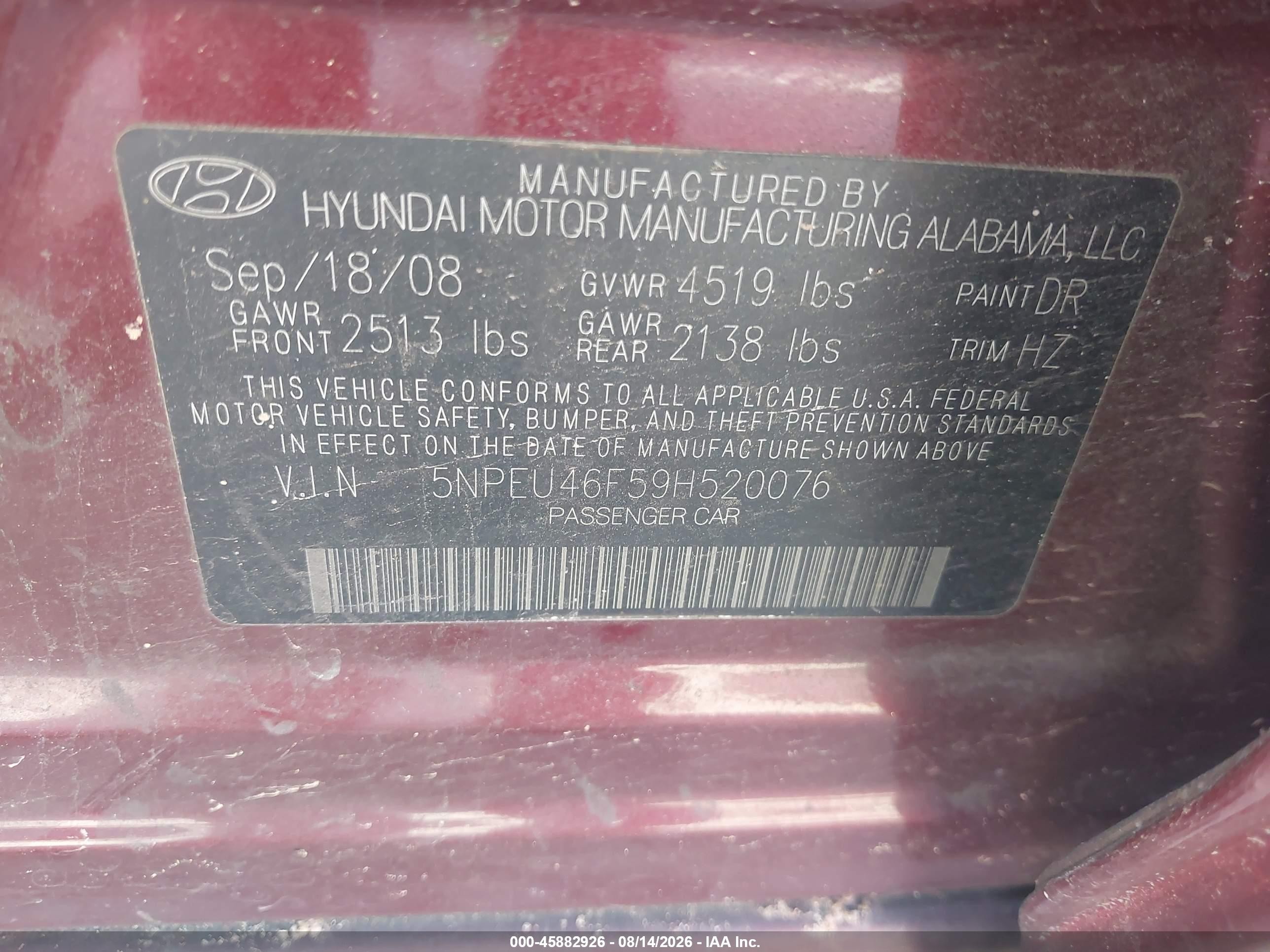 2009 Hyundai Sonata Se V6 Burgundy vin: 5NPEU46F59H520076