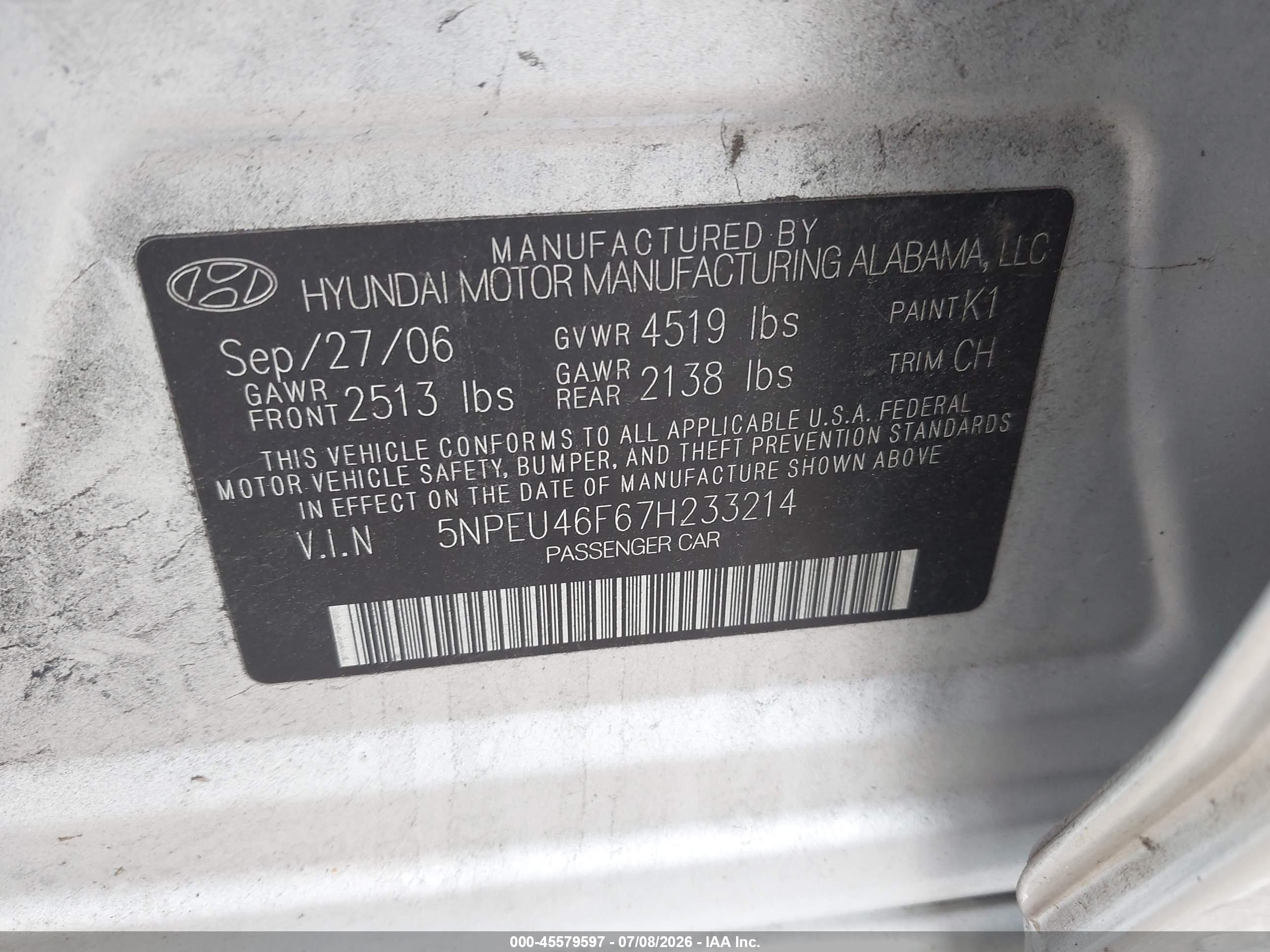 2007 Hyundai Sonata Limited/limited W/xm/se/se W/xm Silver vin: 5NPEU46F67H233214