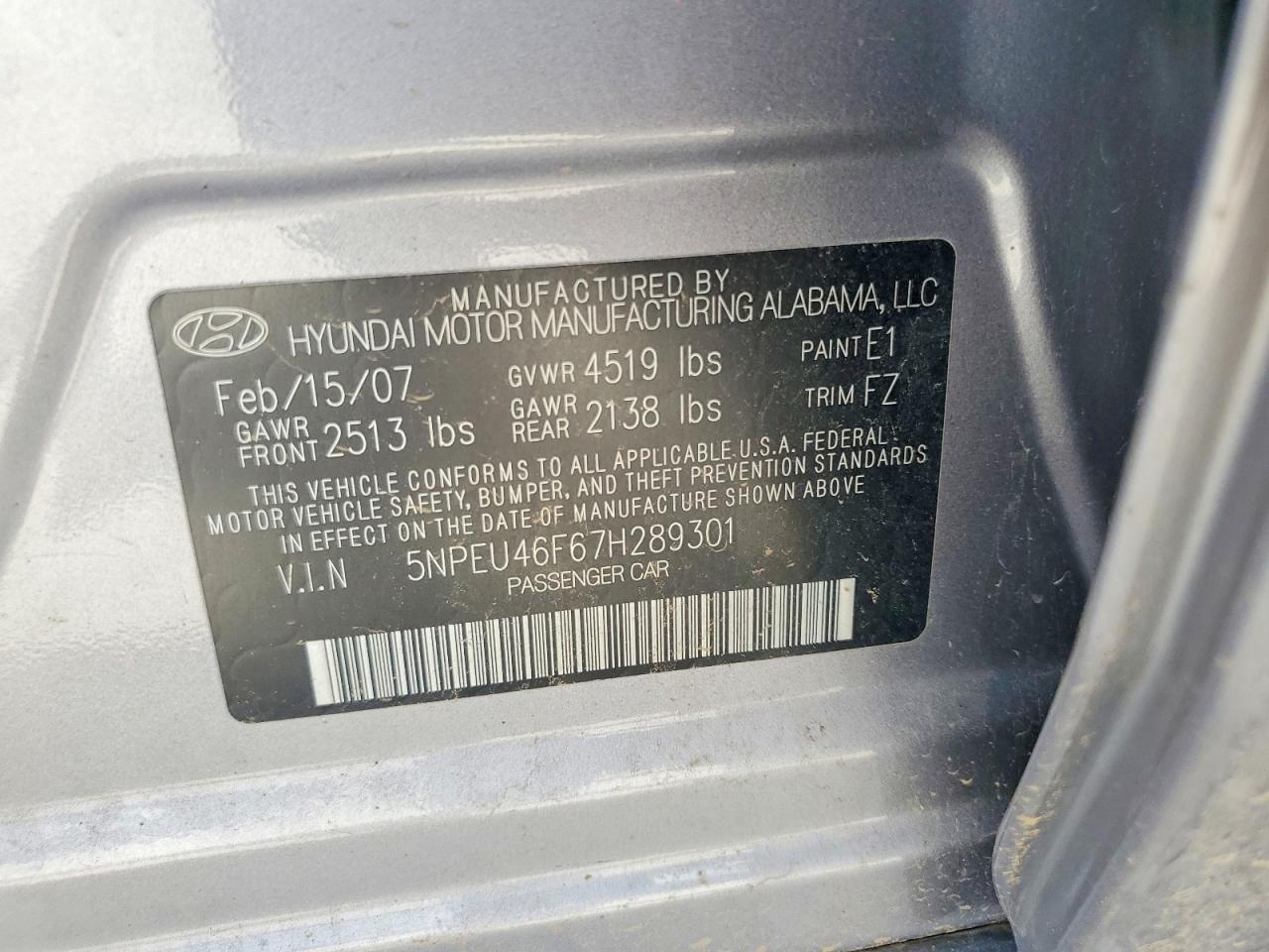 2007 Hyundai Sonata Se Gray vin: 5NPEU46F67H289301