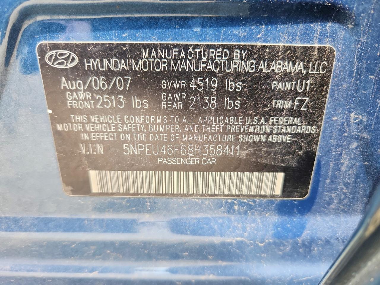 2008 Hyundai Sonata Blue vin: 5NPEU46F68H358411