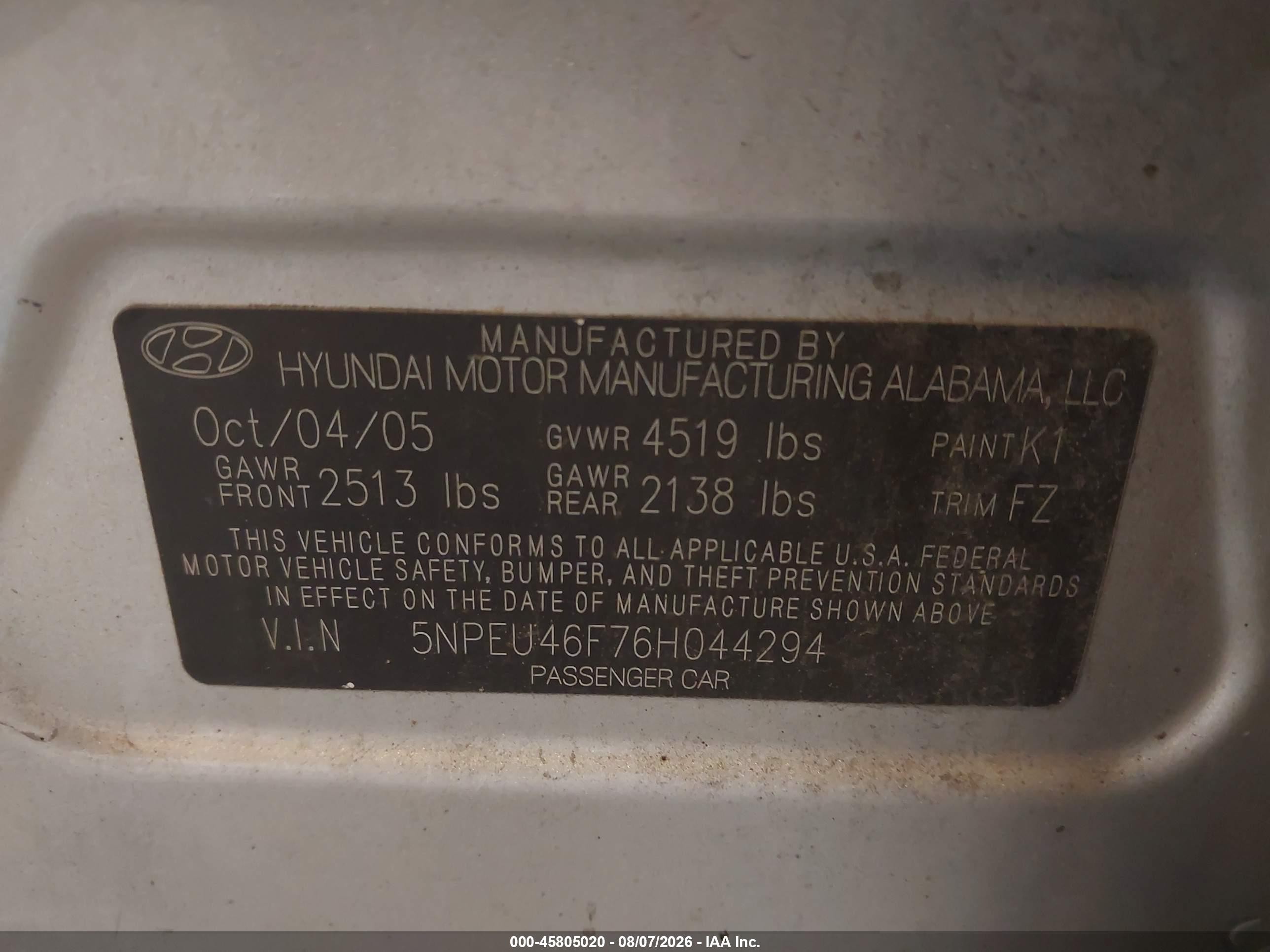 2006 Hyundai Sonata Gls V6/lx V6 Silver vin: 5NPEU46F76H044294