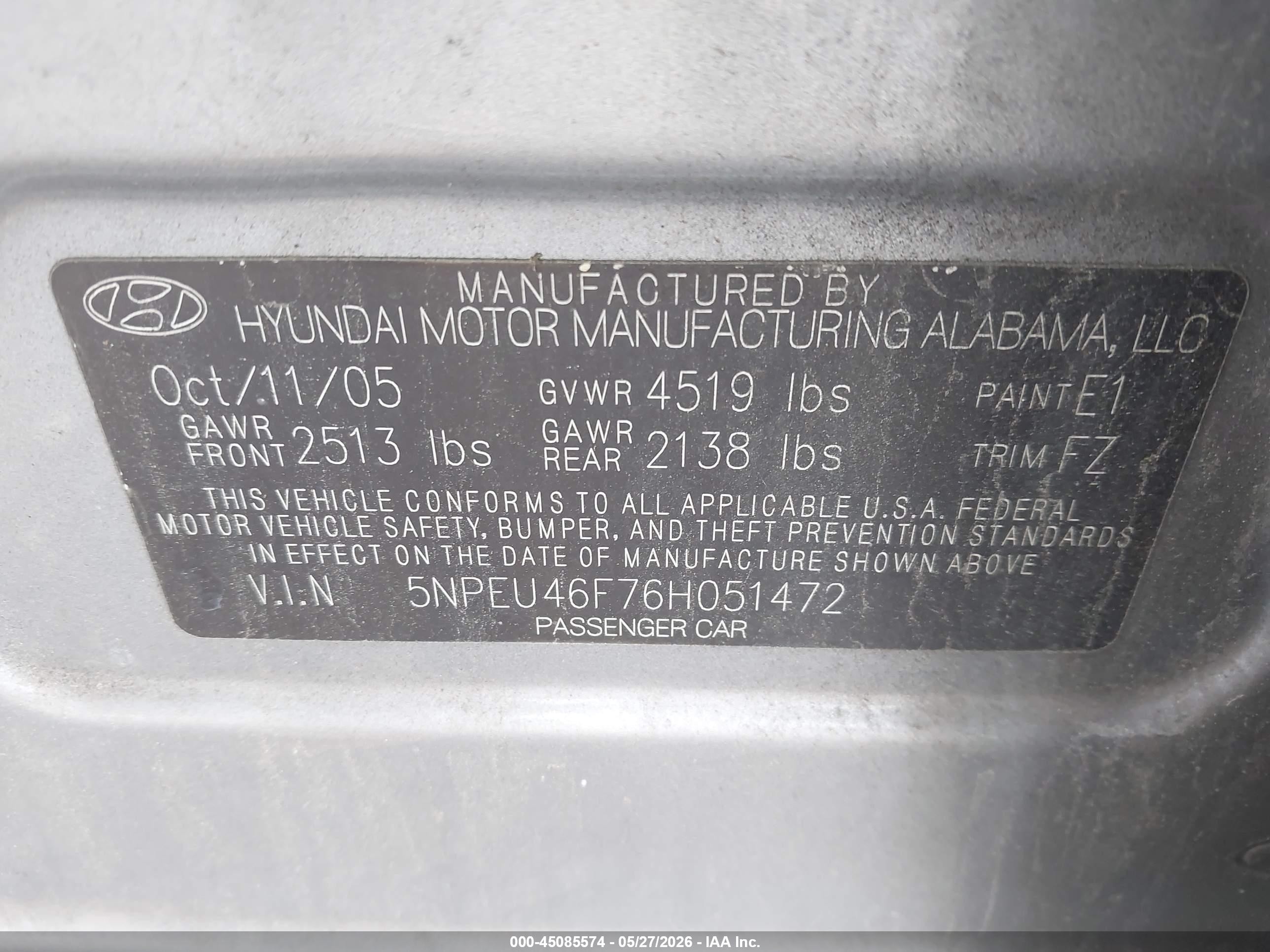 2006 Hyundai Sonata Gls V6/lx V6 Silver vin: 5NPEU46F76H051472