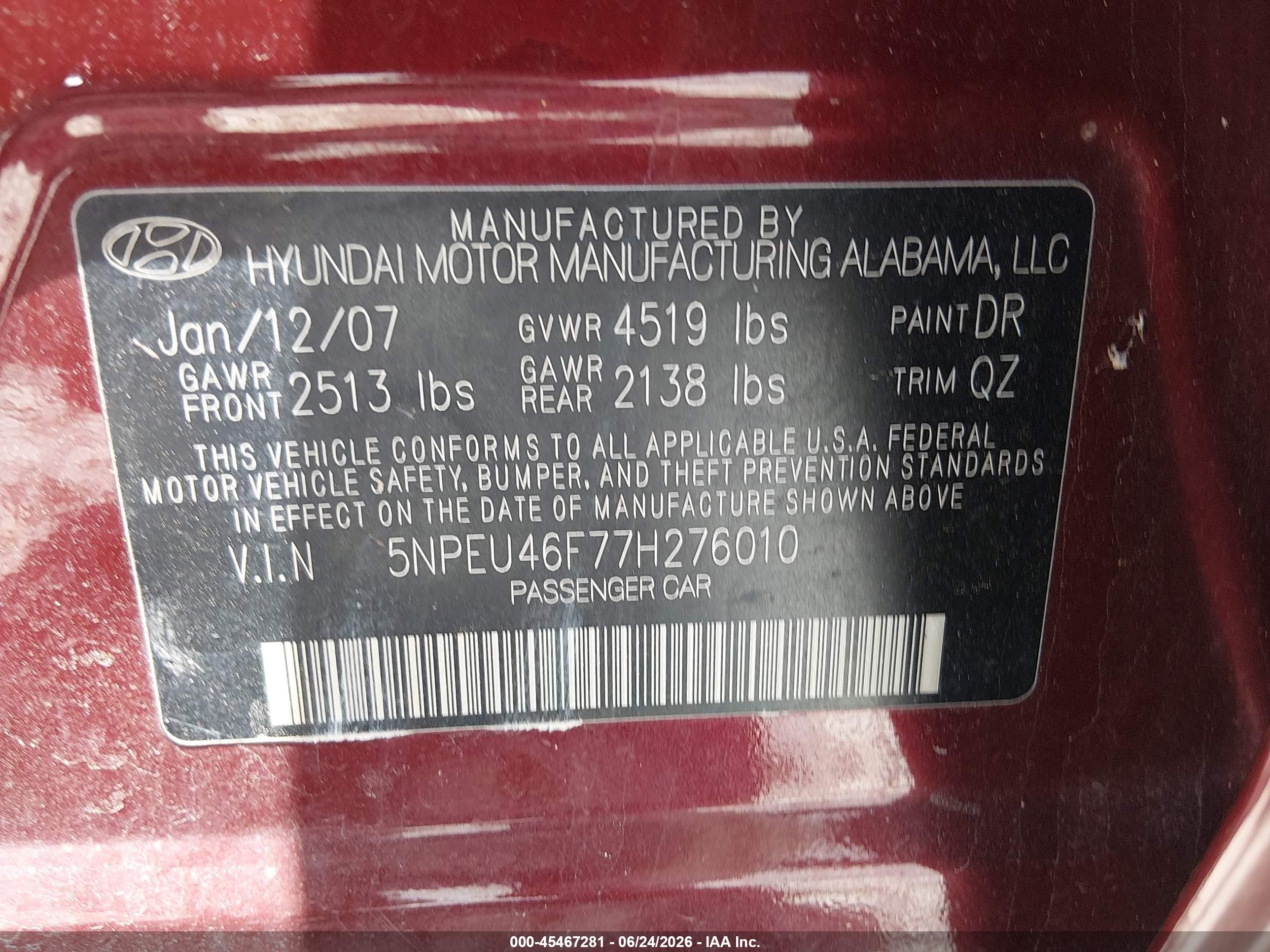 2007 Hyundai Sonata Limited/limited W/xm/se/se W/xm Red vin: 5NPEU46F77H276010