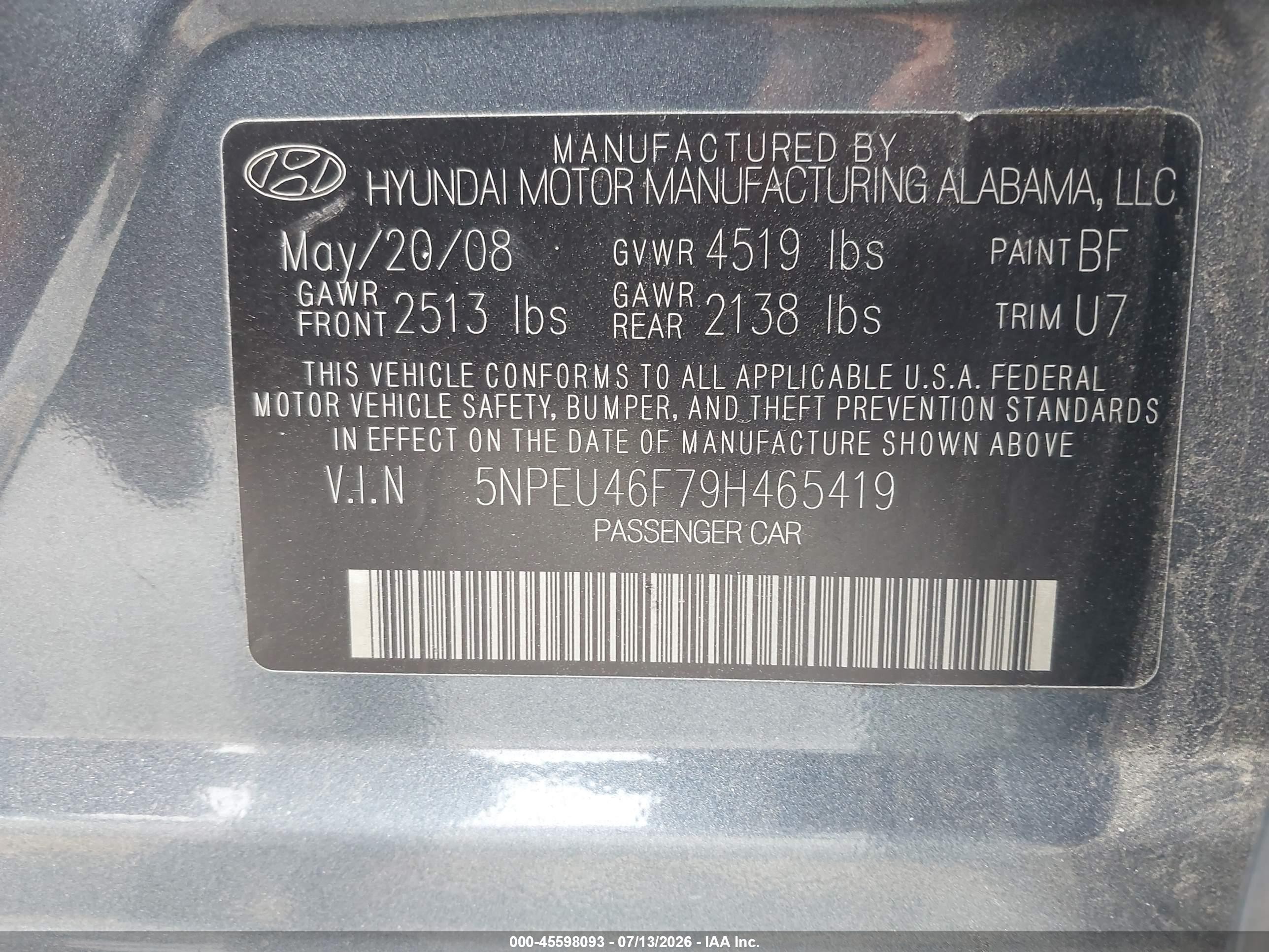 2009 Hyundai Sonata Se V6 Blue vin: 5NPEU46F79H465419