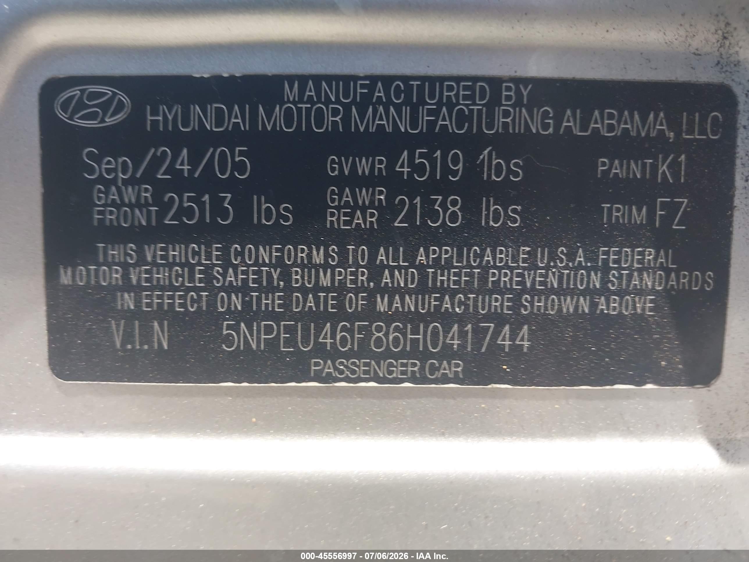 2006 Hyundai Sonata   Silver vin: 5NPEU46F86H041744