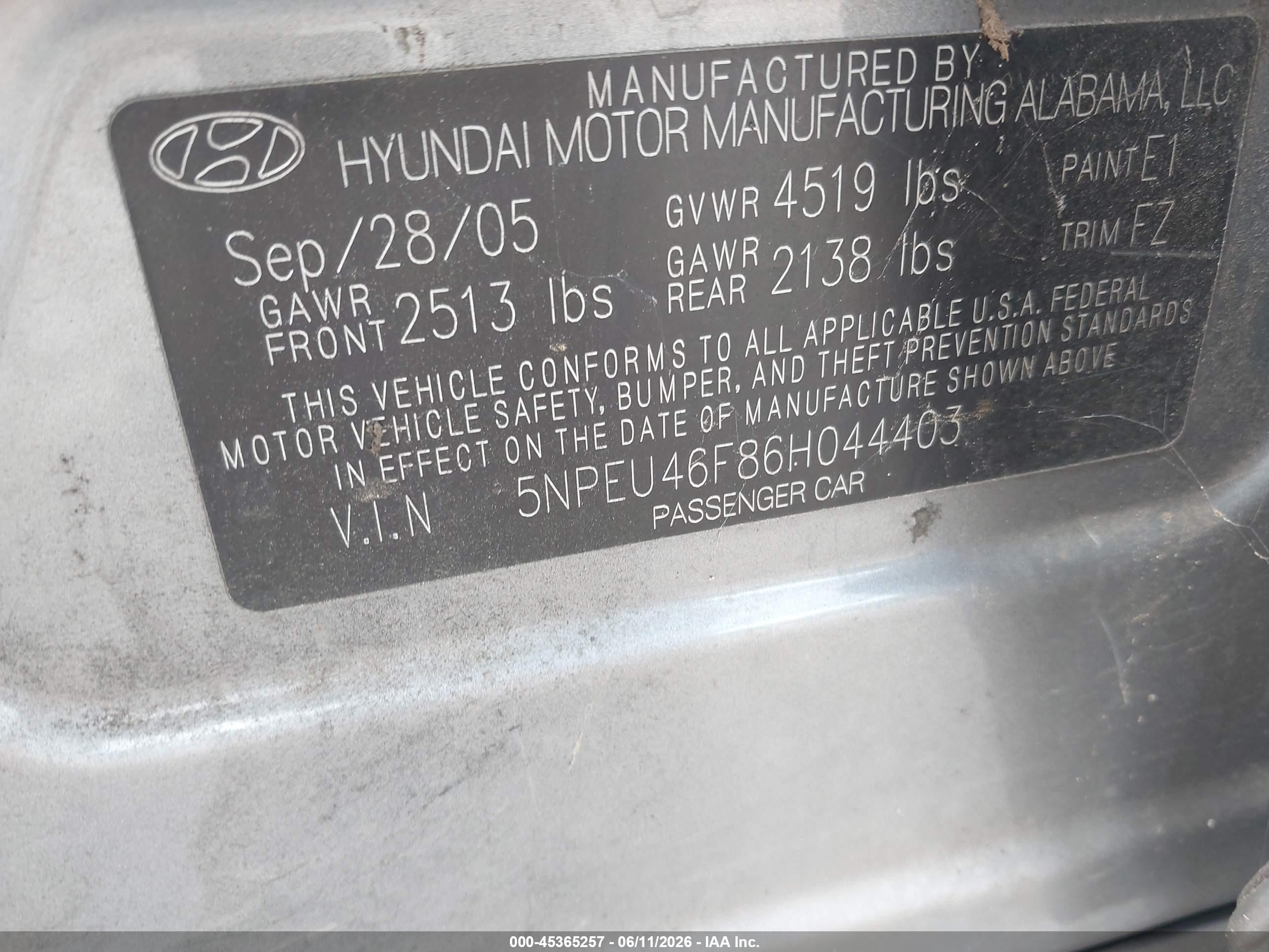 2006 Hyundai Sonata Gls V6/lx V6 Silver vin: 5NPEU46F86H044403