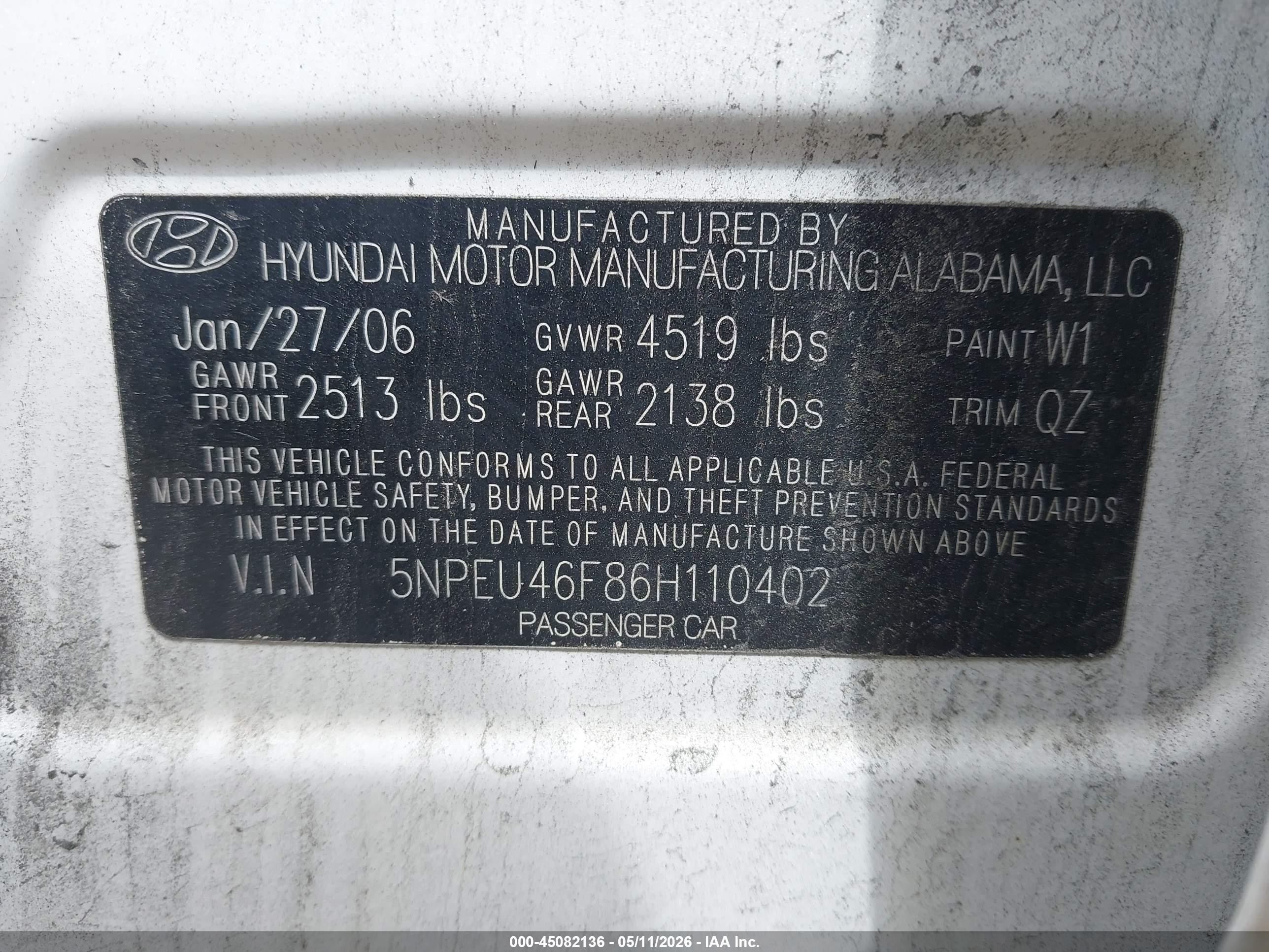 2006 Hyundai Sonata Gls V6/lx V6 White vin: 5NPEU46F86H110402