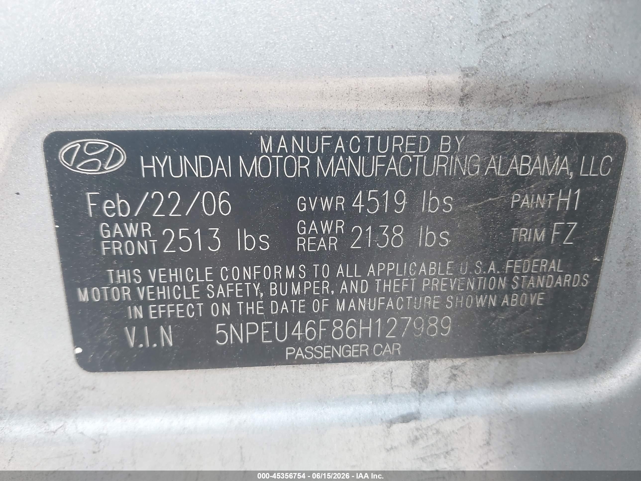 2006 Hyundai Sonata   Blue vin: 5NPEU46F86H127989