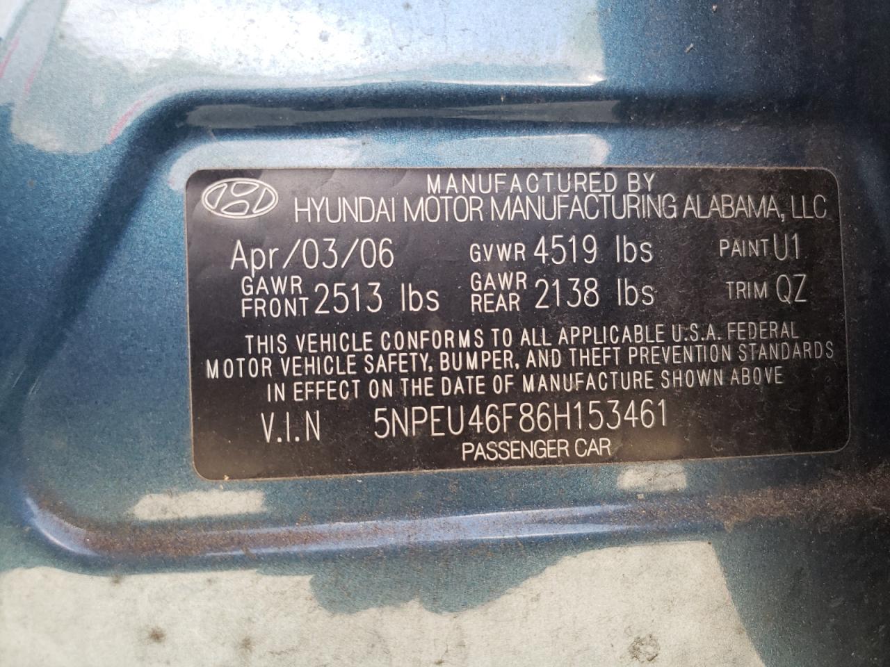 2006 Hyundai Sonata Gls Blue vin: 5NPEU46F86H153461
