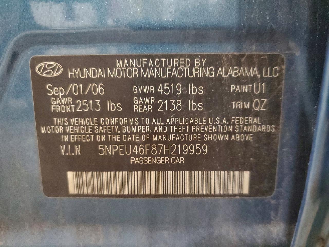 2007 Hyundai Sonata Se Blue vin: 5NPEU46F87H219959