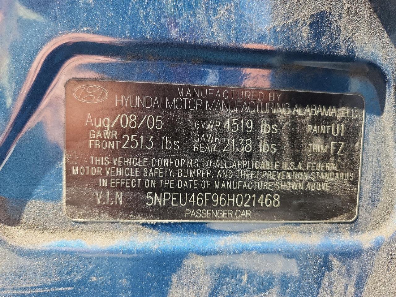 2006 Hyundai Sonata Gls V6 Blue vin: 5NPEU46F96H021468