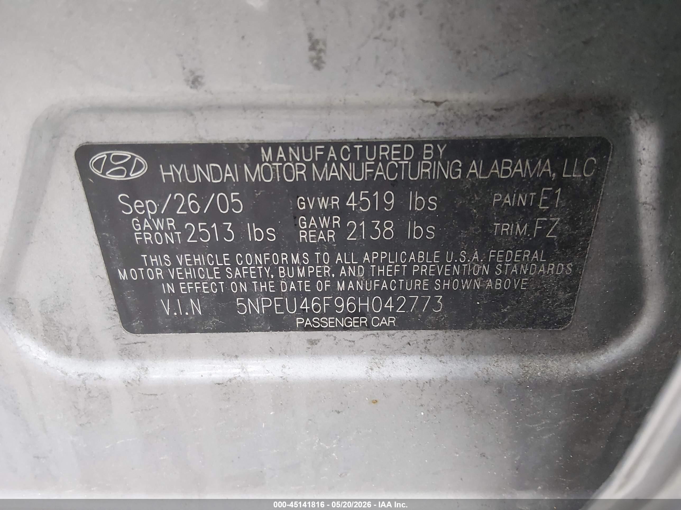 2006 Hyundai Sonata   Gray vin: 5NPEU46F96H042773