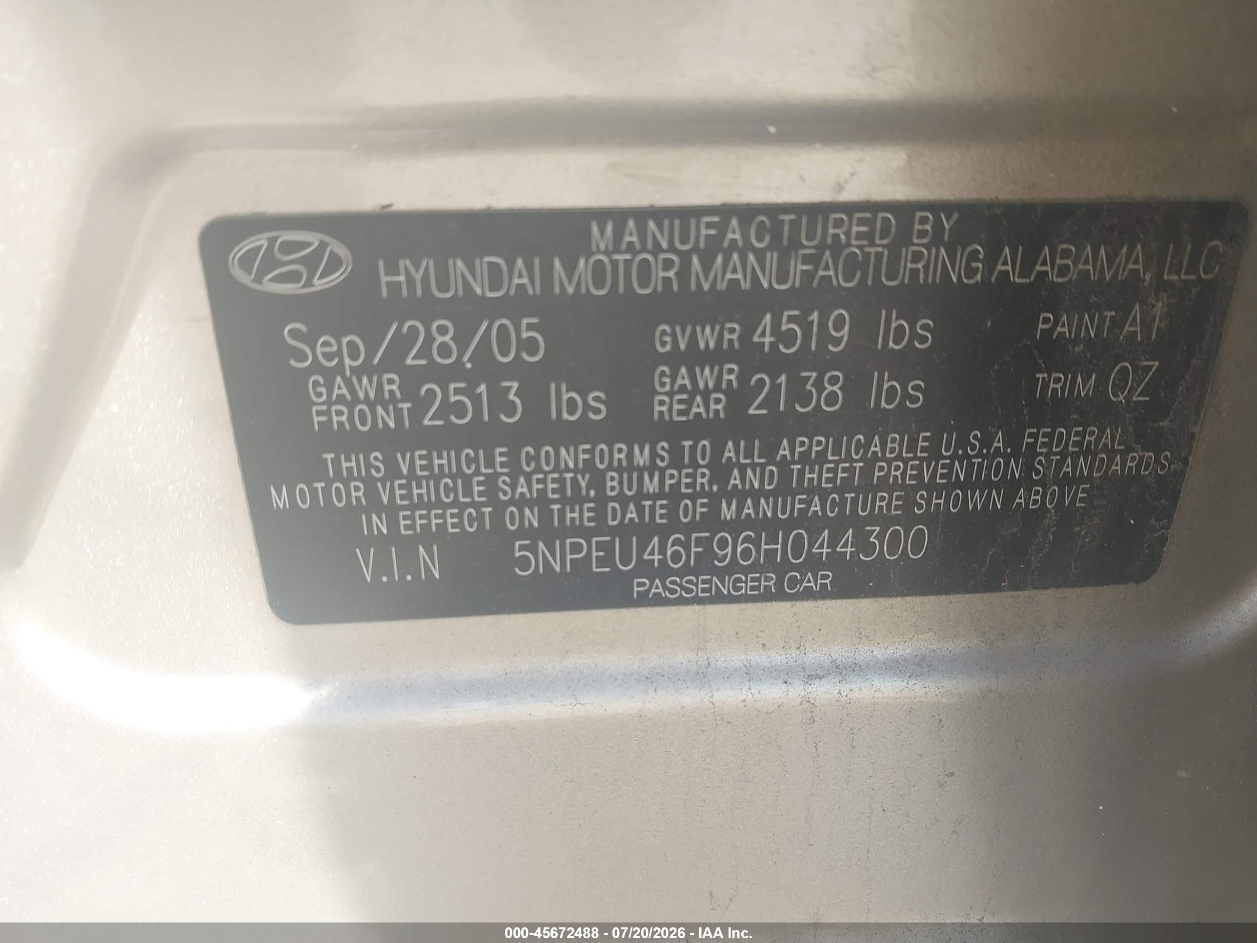 2006 Hyundai Sonata Gls V6/lx V6 Gold vin: 5NPEU46F96H044300