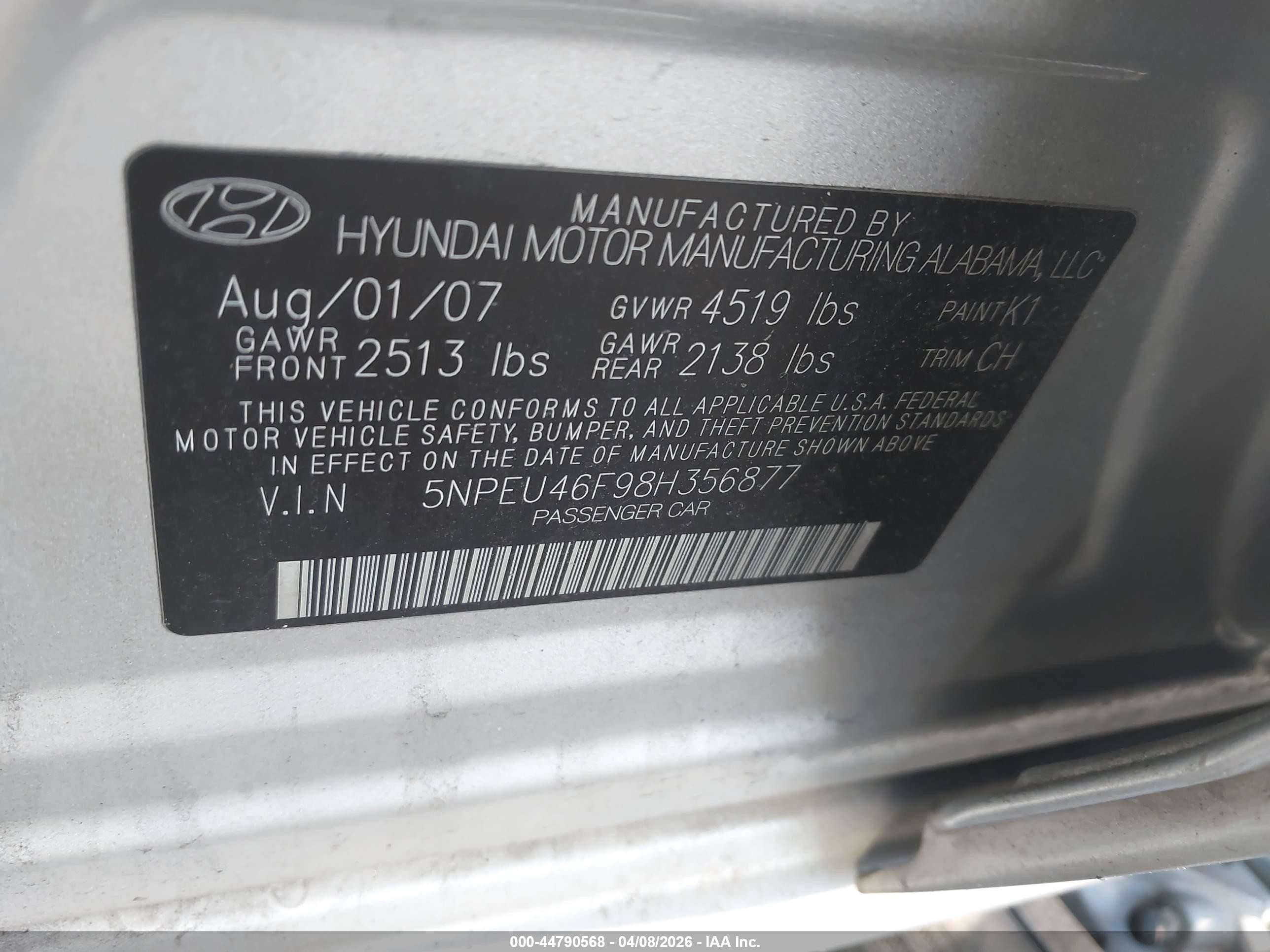 2008 Hyundai Sonata Limited V6/se V6 Gray vin: 5NPEU46F98H356877