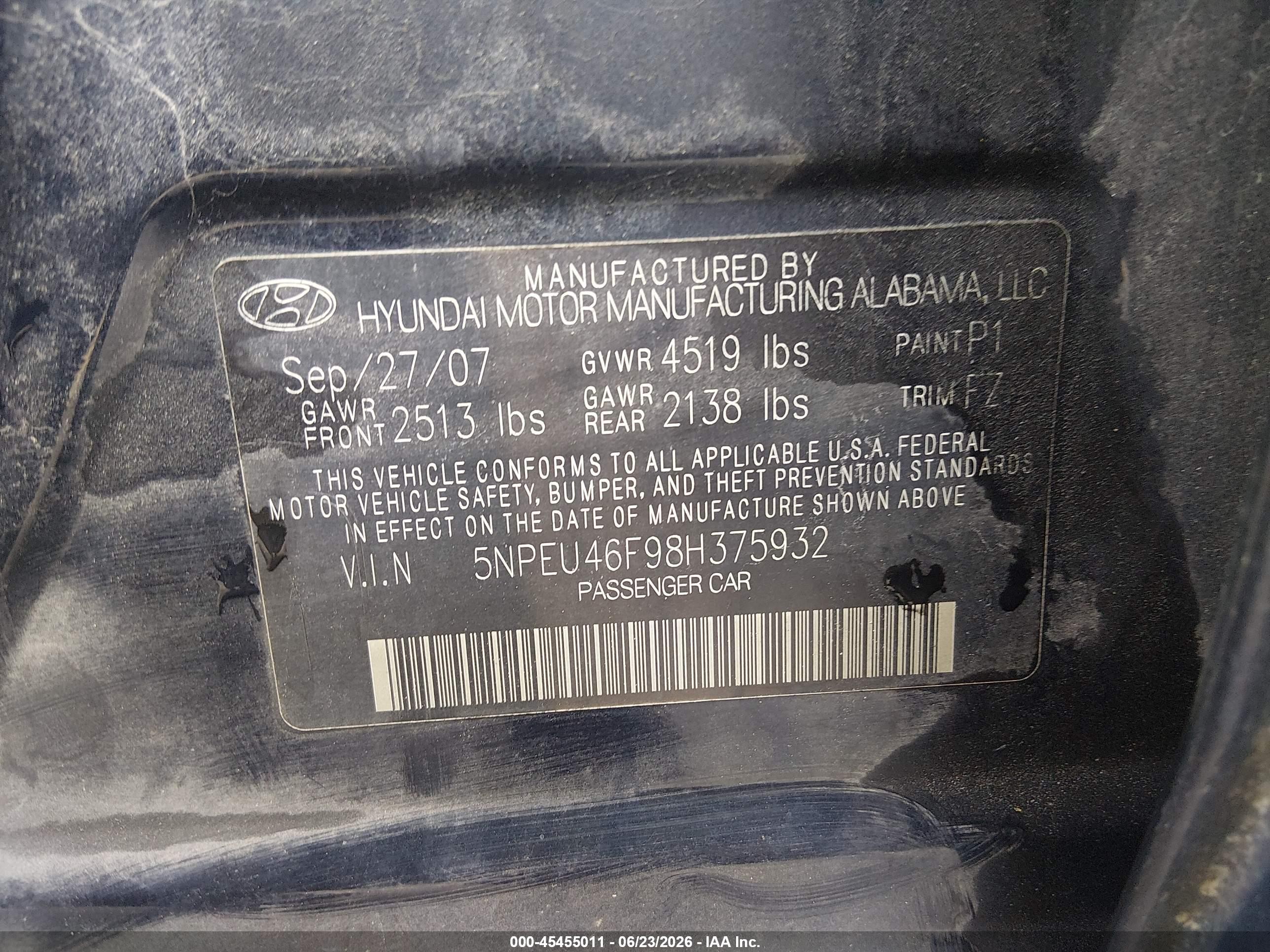 2008 Hyundai Sonata Limited V6/se V6 Navy vin: 5NPEU46F98H375932